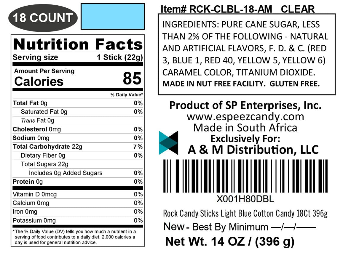 Espeez Extra Large Rock Candy Sticks, 18 Count - Light Blue Cotton Candy, Individually Wrapped for Parties and Showers