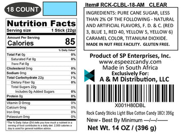 Espeez Extra Large Rock Candy Sticks, 18 Count - Light Blue Cotton Candy, Individually Wrapped for Parties and Showers