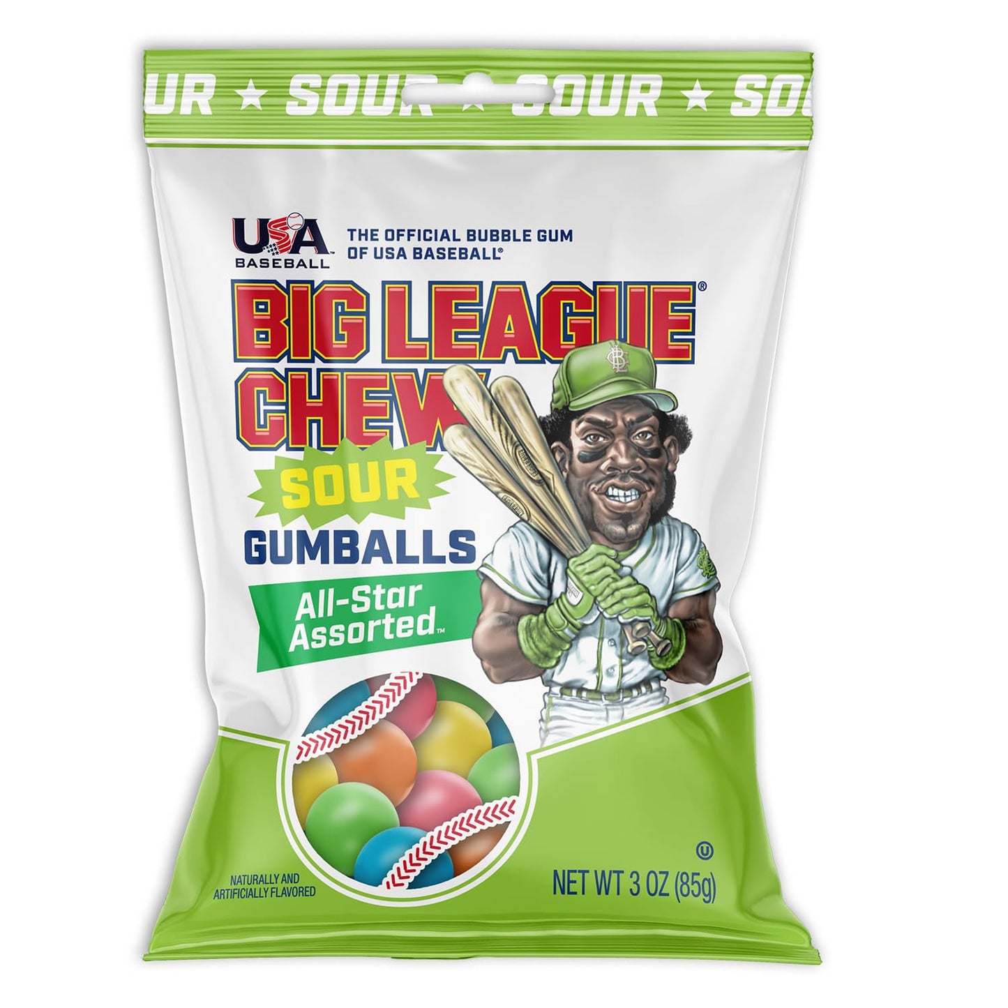 Big League Chew Sour Gumballs Pack of 12 Bags, 3oz Each, Assorted Bright Colors