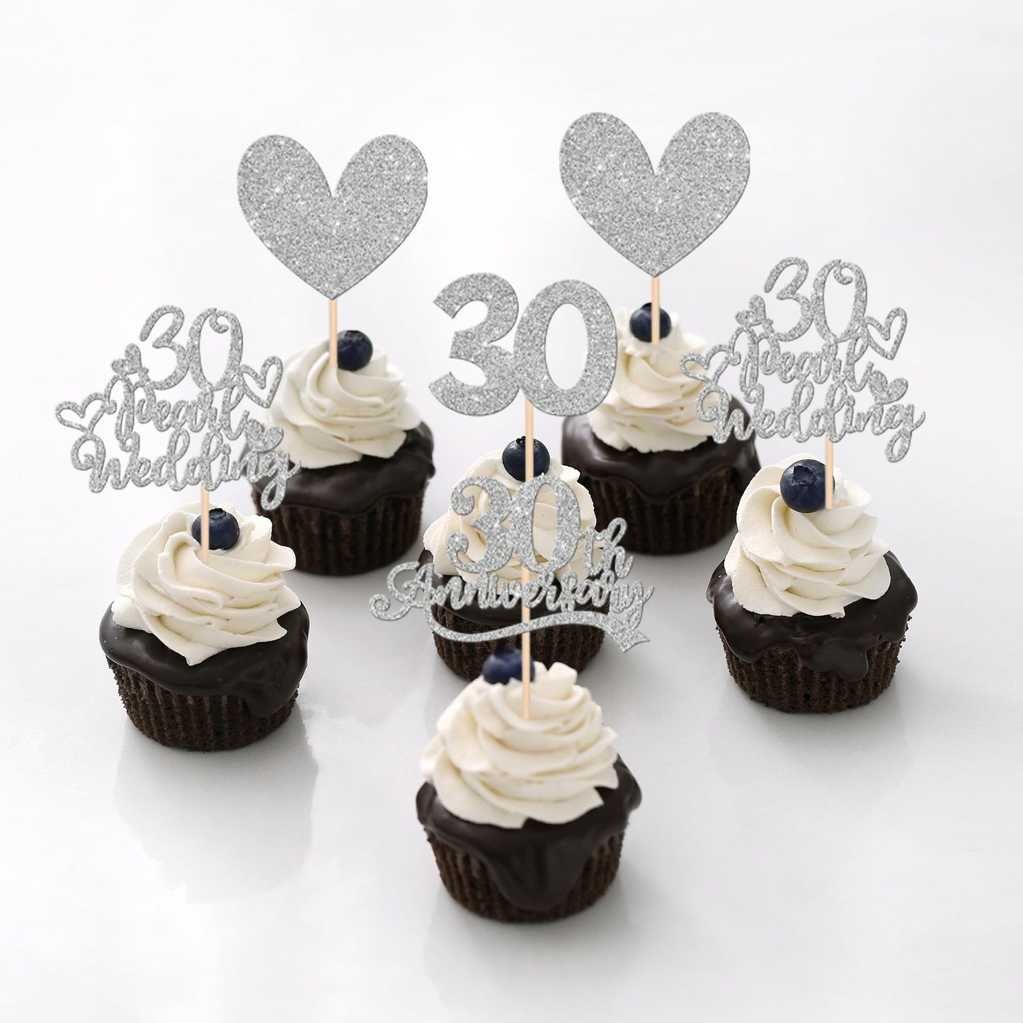 24 Pcs 30Th Anniversary Cupcake Toppers Silver Glitter Heart 30 Pearl Wedding Anniversary Cupcake Picks For Cheers To 30 Years B