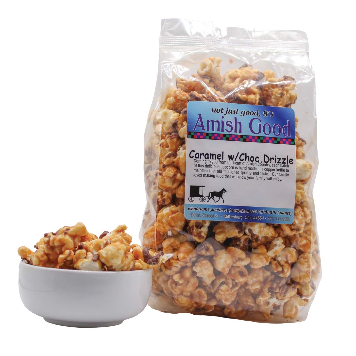 Amish Good Enhanced Caramel Popcorn With Chocolate Drizzle Real Butter And Coconut Oil In 12 Ounce Bag