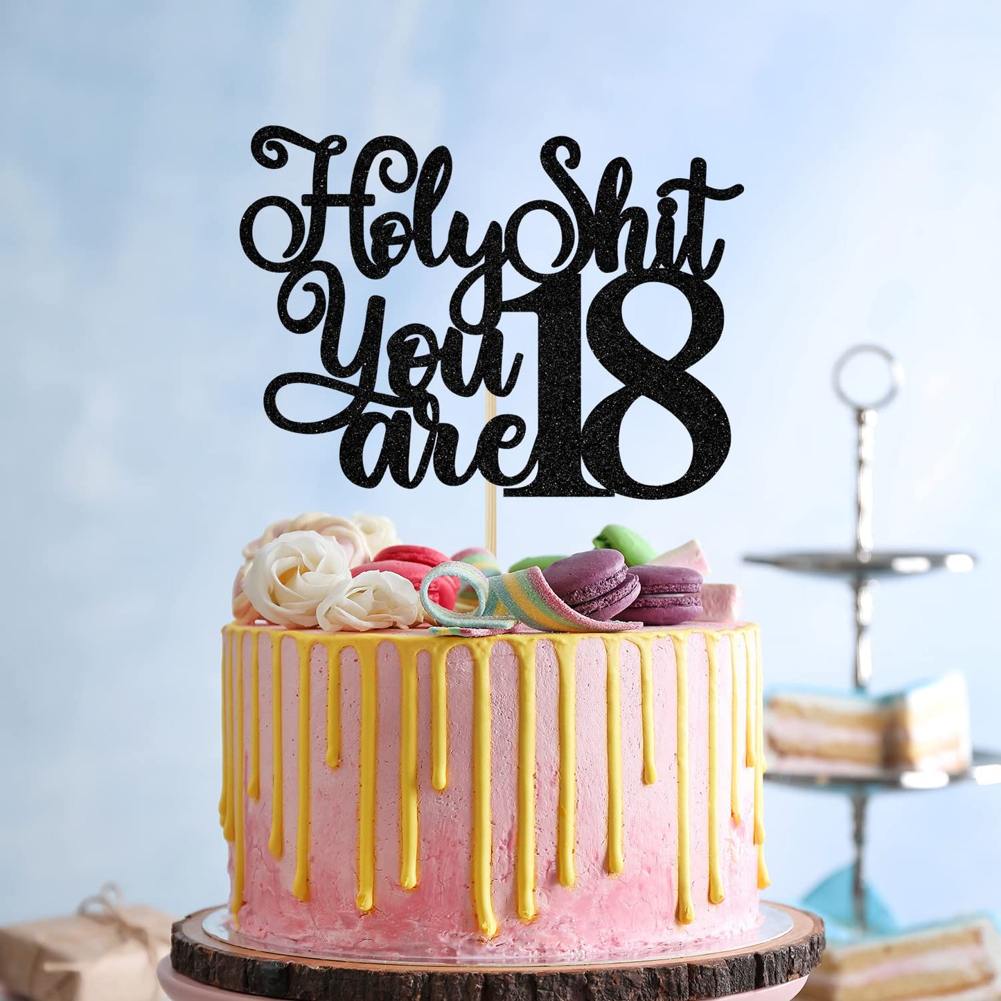 Jenrtvis Happy 18th Birthday Cake Topper, Black Glitter, Paper, Model EM--0286, Fun Cake Decor for 18th Birthday Celebrations