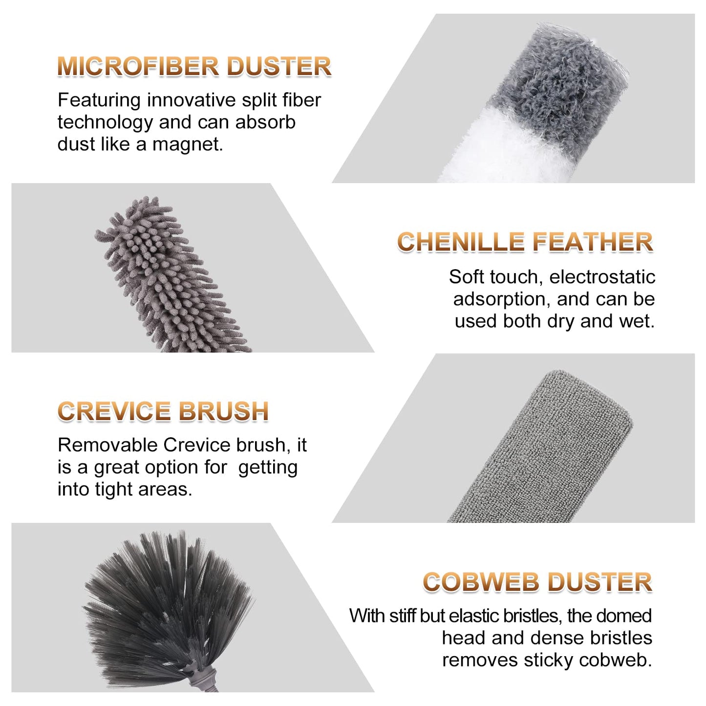 Deehyo Microfiber Duster For Cleaning Fan, High Ceiling, Blinds, Furniture, Cars , 9Pcs Extendable Feather Duster (Stainless Ste