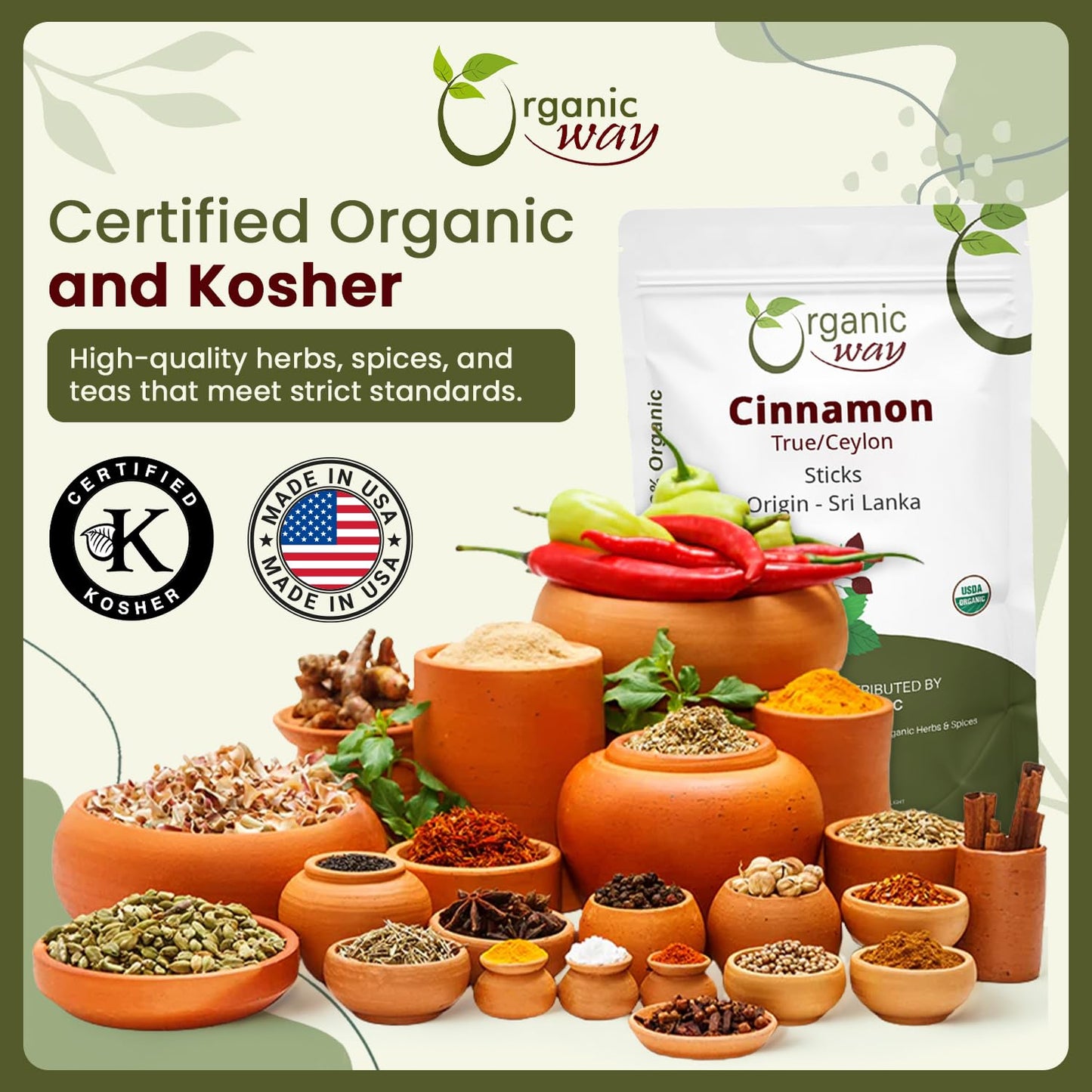Organic Way True Ceylon Cinnamon Sticks (Cinnamomum Verum) - Organic & Kosher Certified | Raw, Vegan, Non Gmo & Gluten Free | Usda Certified | Origin - Sri Lanka (1/4Lbs / 4Oz)