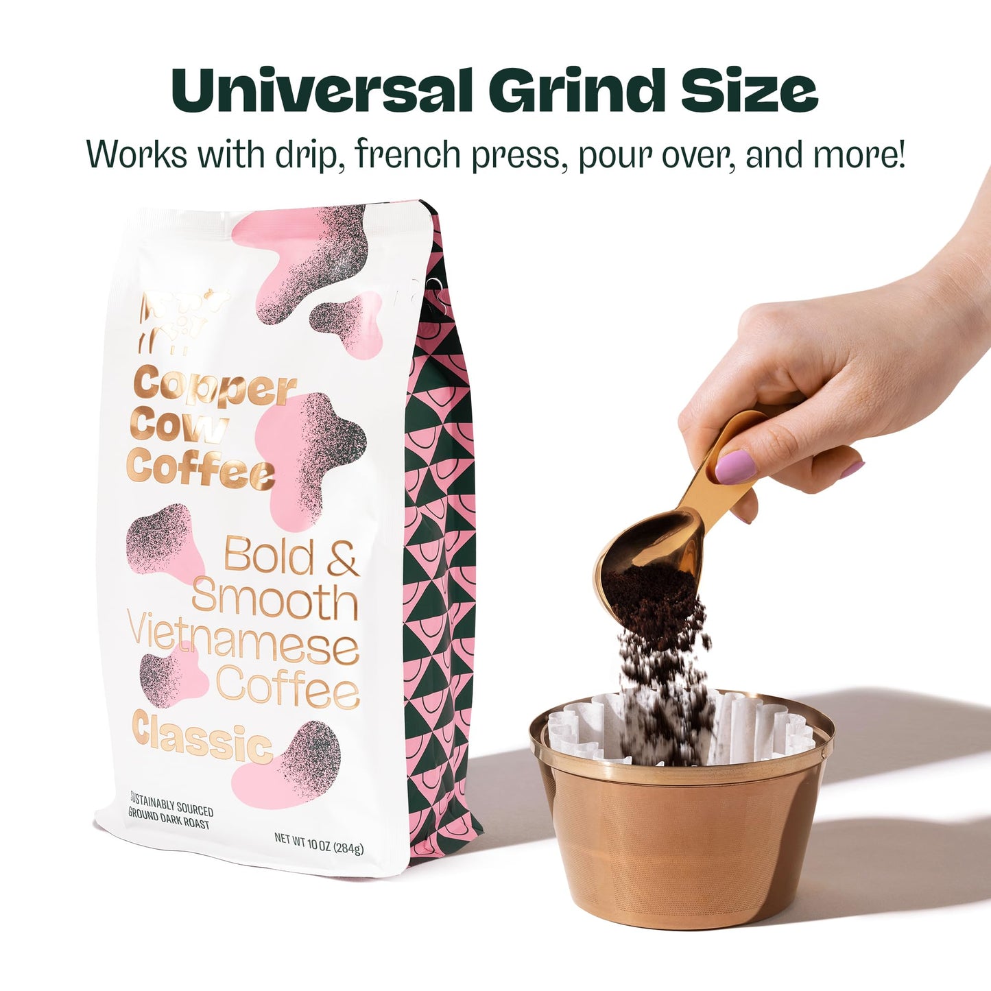 Copper Cow Premium Vietnamese Ground Coffee | Classic Black | Dark Roast | Universal Grind | 10 Oz