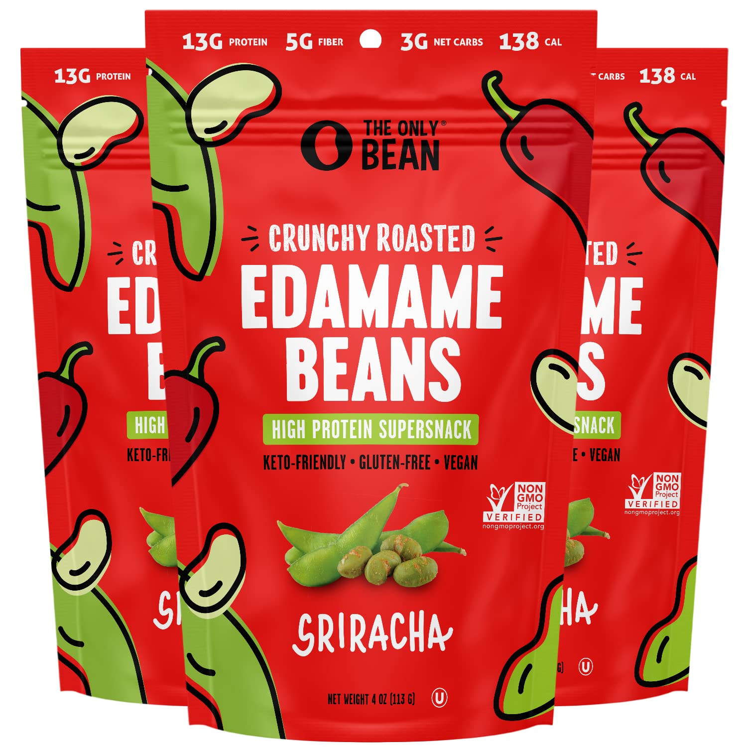 The Only Bean Crunchy Roasted Edamame Snack (Sriracha), High Protein Snacks (13G) Healthy Protein Chips, Keto Friendly Food (2G