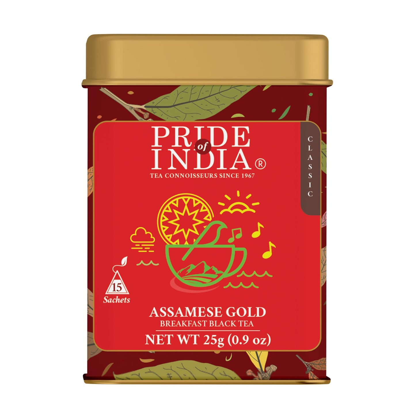 Pride Of India | Assamese Gold English Breakfast Blend | 15 Predium Pyramid Full Leaf Individually Wrapped Tea Bags | Full-Bodied, Strong & Malty Flavor | Single Estate Certified Classic Tea