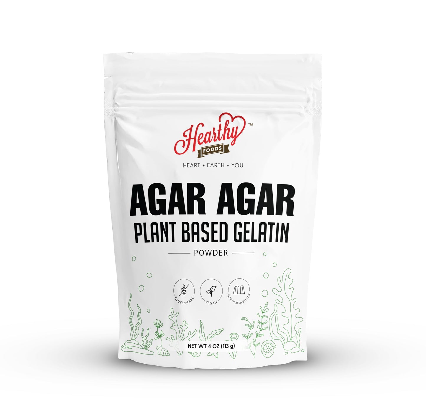 Hearthy Foods Agar Agar Powder (4Oz) Vegan Gelatin Substitute, Certified Halal, Kosher, Gluten-Free, Non-Gmo, 100%, Sugar-Free,