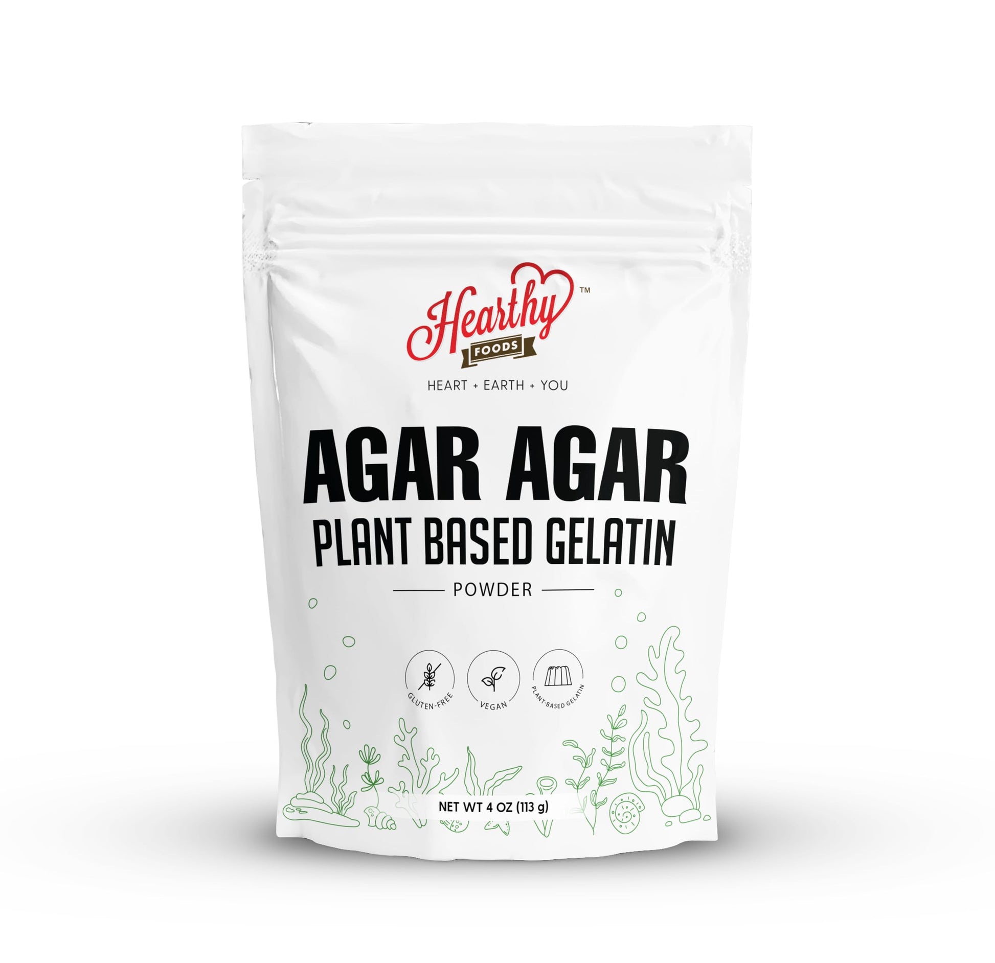 Hearthy Foods Agar Agar Powder (4Oz) Vegan Gelatin Substitute, Certified Halal, Kosher, Gluten-Free, Non-Gmo, 100%, Sugar-Free,