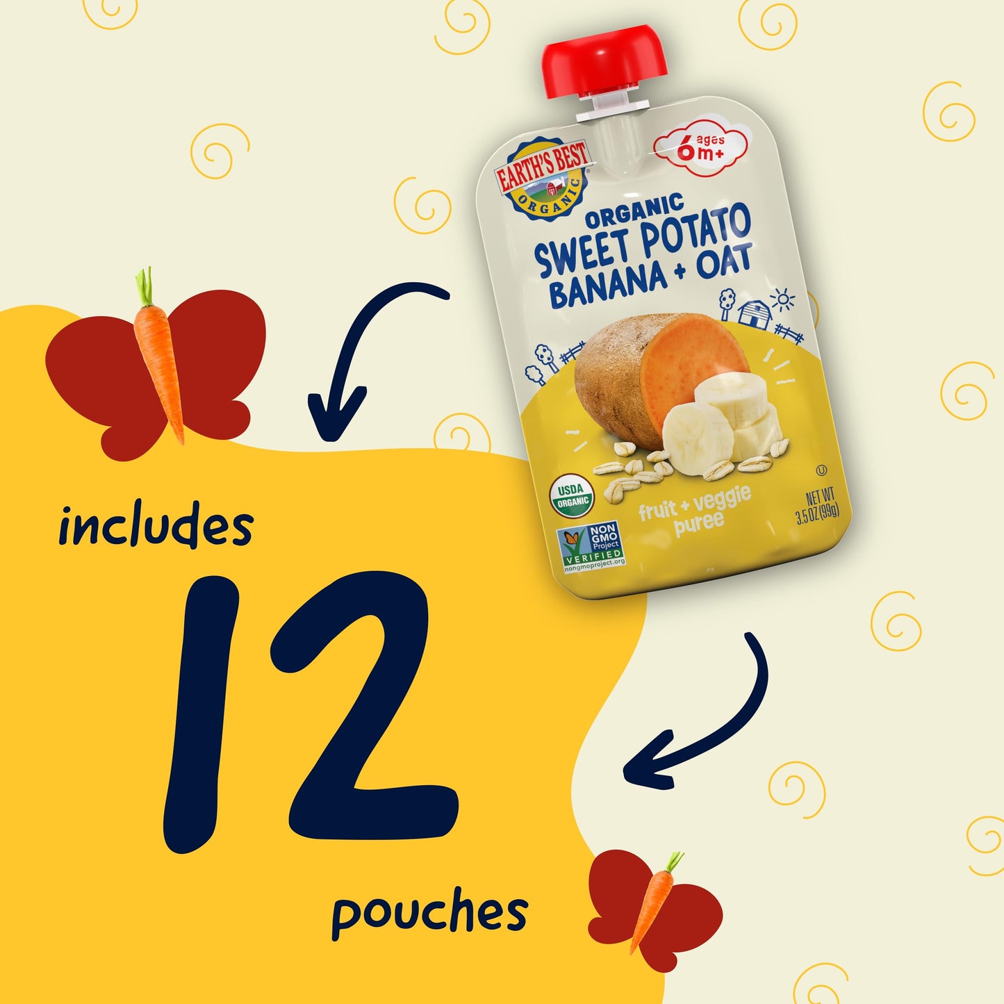 Earth'S Best Fruit + Veggie Puree Organic Sweet Potato Banana + Oat 3.5Oz Pouch (Pack Of 12)