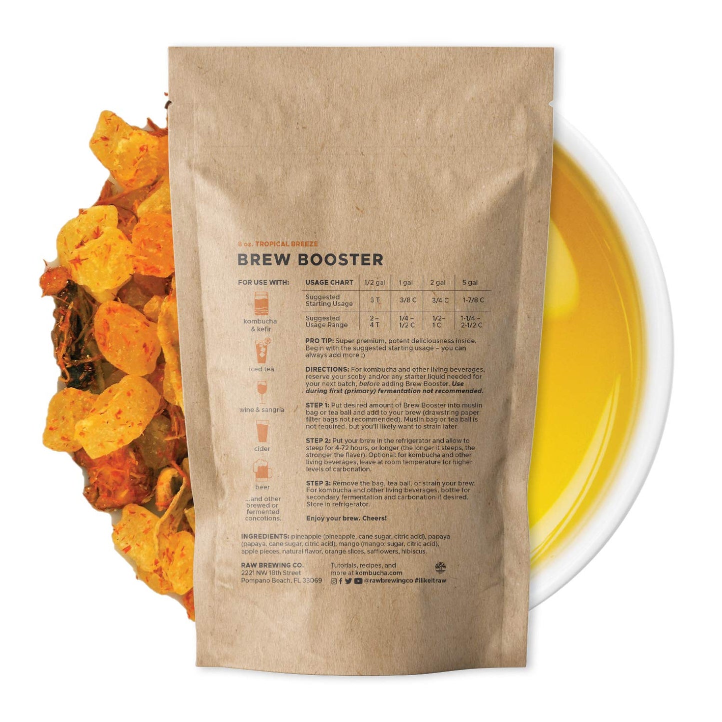Raw Brewing Company Kombucha Brew Booster - Pineapple, Mango, Papaya Blend, 8 Ounce, All Natural, Caffeine Free, Loose Leaf