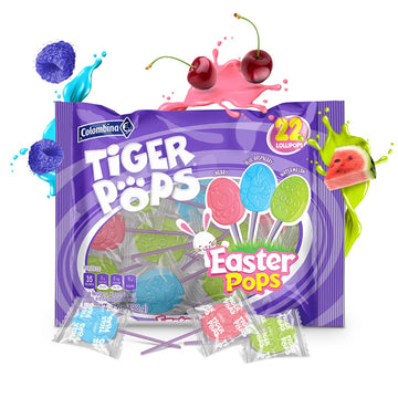 Colombina Tiger Easter Pops, Cherry, Blue Raspberry, and Watermelon Flavored, Individually Wrapped, Ideal for Easter Baskets or 