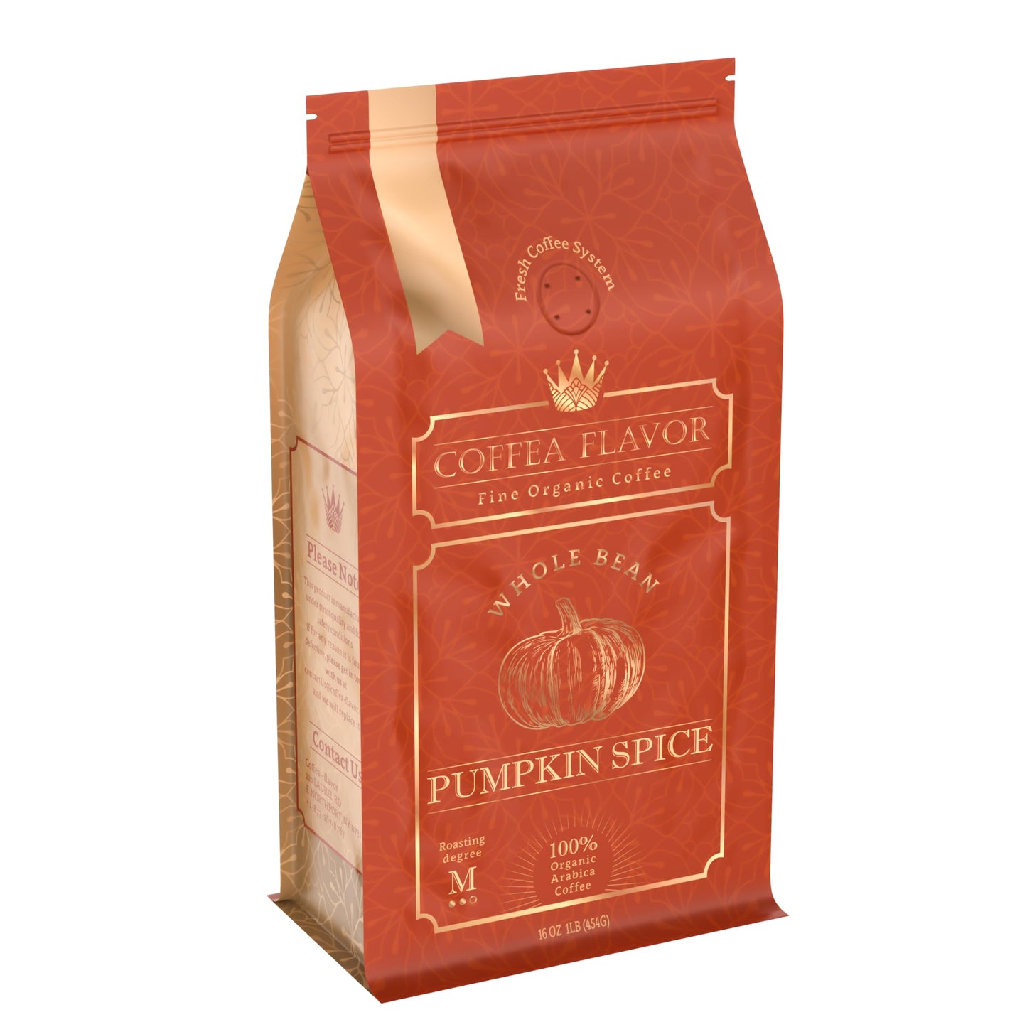 Spiced Pumpkin Flavored Whole Bean Coffee - Organic, Single Origin, Medium Roast, 100% Arabica, Naturally Flavored - 16 oz Bag -