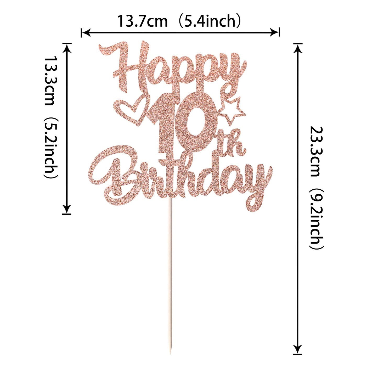 YCTHUNFISH 10th Birthday Cake Topper Glitter Heart Star, Rose Gold, 5.4 x 9.2 inches, Ideal for Childrens Birthday Theme Party Decorations