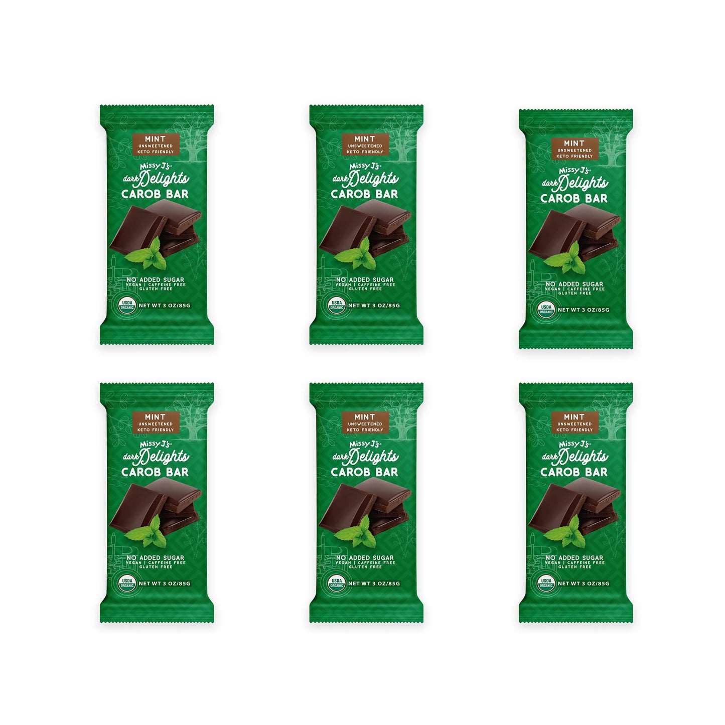 Missy Js Organic Carob Dark Delights Candy Bar, Unsweetened Mint, Keto, Vegan, Gluten-Free, 3 Oz, Pack of 6