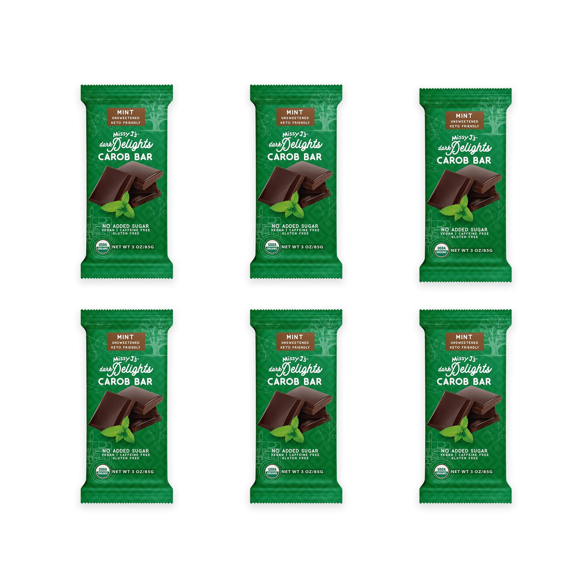 Missy Js Organic Carob Dark Delights Candy Bar, Unsweetened Mint, Keto, Vegan, Gluten-Free, 3 Oz, Pack of 6