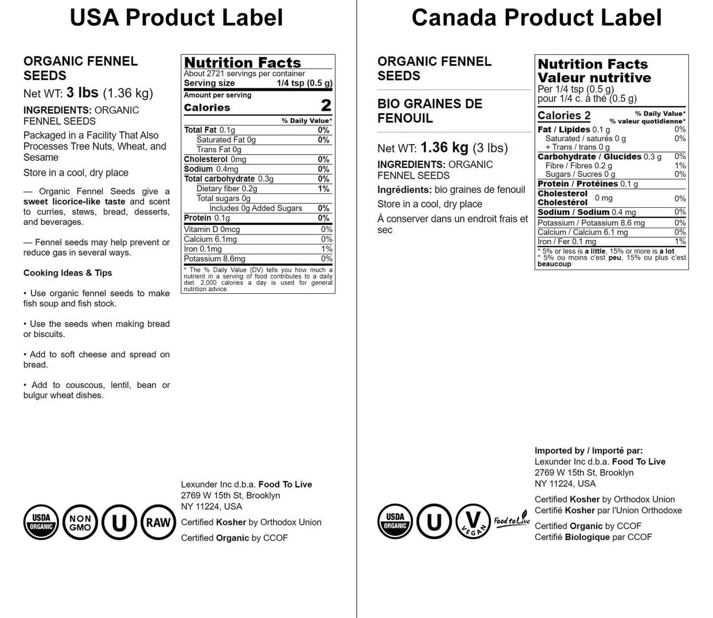 Food to Live Organic Fennel Seeds, Non-GMO, Vegan, 3 Pounds