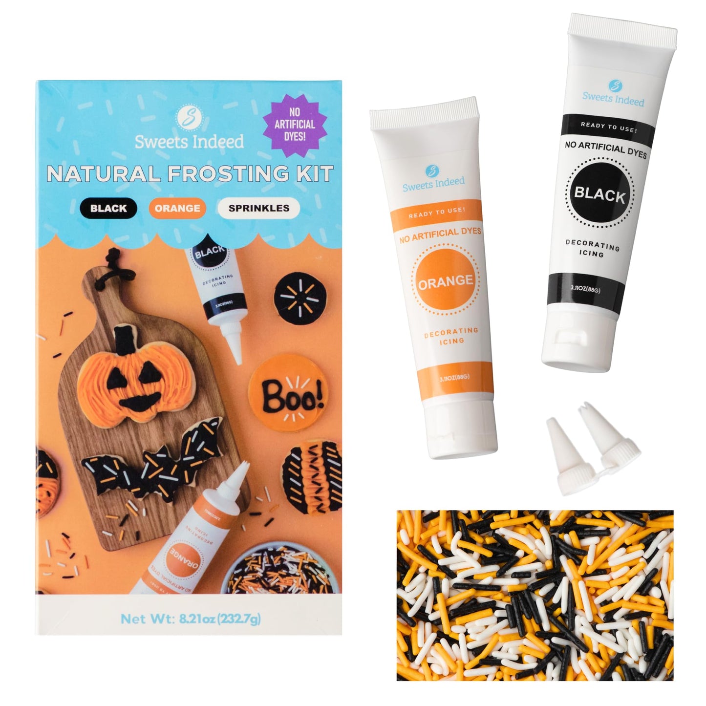 Sweets Indeed Dye-Free Halloween Frosting & Sprinkles Set - 8.22 oz | 2 Frosting Tubes (Orange & Black) + 2 Decorating Tips + 2 oz Sprinkle Mix (Black  Orange & White) | No Artificial Dyes Cupcake & Cookie Decorating Kit