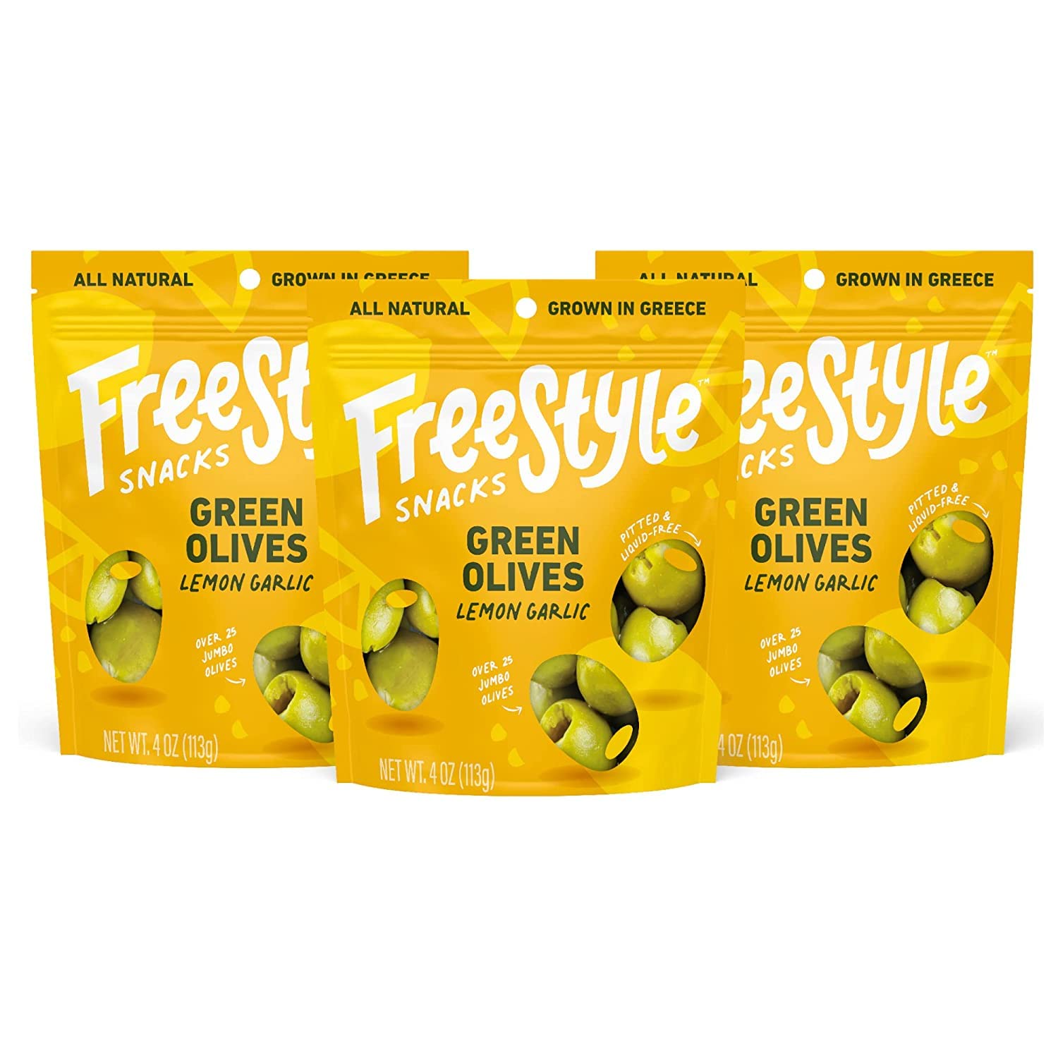 Freestyle Snacks Olive Snack Packs - Fresh Pitted Green Olives Jumbo-Sized Grown In Greece All Natural Non-Gmo Paleo Sugar-Free