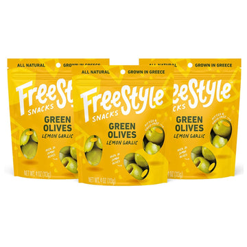 Freestyle Snacks Olive Snack Packs - Fresh Pitted Green Olives Jumbo-Sized Grown In Greece All Natural Non-Gmo Paleo Sugar-Free