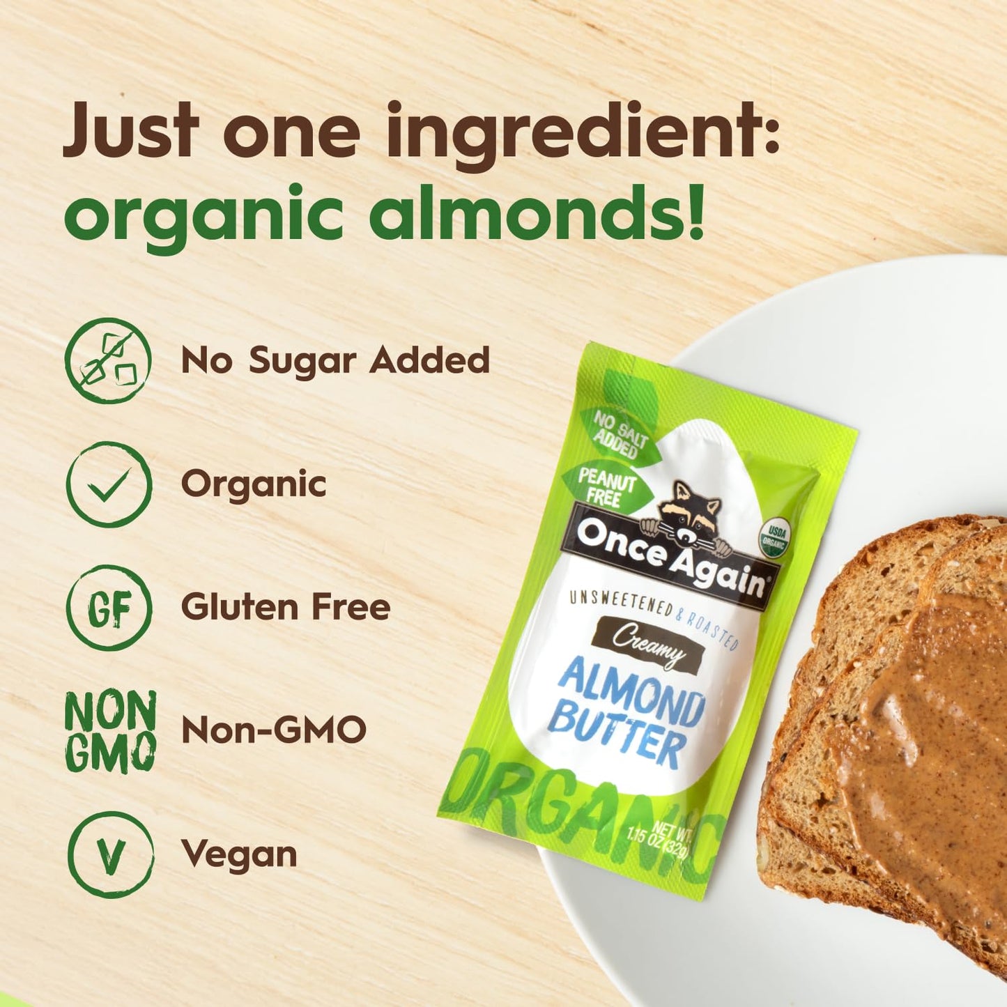 Once Again Organic Creamy Almond Butter, Roasted, Salt Free, Unsweetened, 1.15oz Squeeze Packs, 10 Count, Gluten Free, Vegan, Kosher