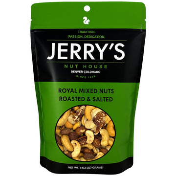 Jerrys Nut House Royal Mixed Nuts Snack Mix - Almonds, Cashews, Pecans, Hazelnuts, Macadamias - Roasted & Salted - 8oz