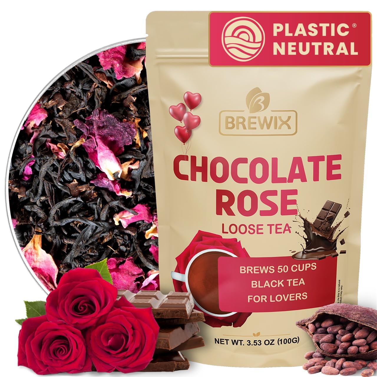 Brewix  Chocolate Rose Loose Black Tea  (50+ Cups  3.53Oz/100G) | ValentineS | Dessert Tea