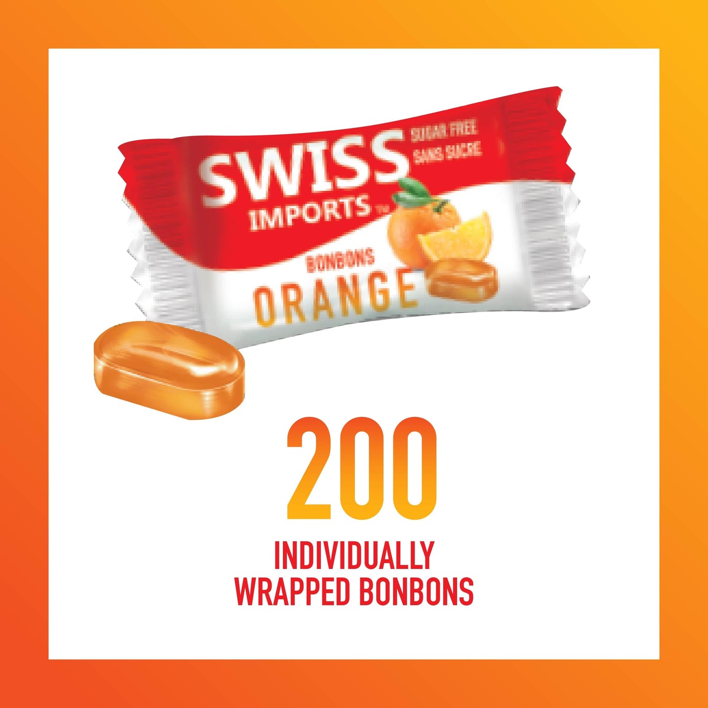 Swiss Imports Sugar Free Bonbons Hard Candy Drops, Orange, 200 Individually Wrapped Pieces, 500G/17.6Oz