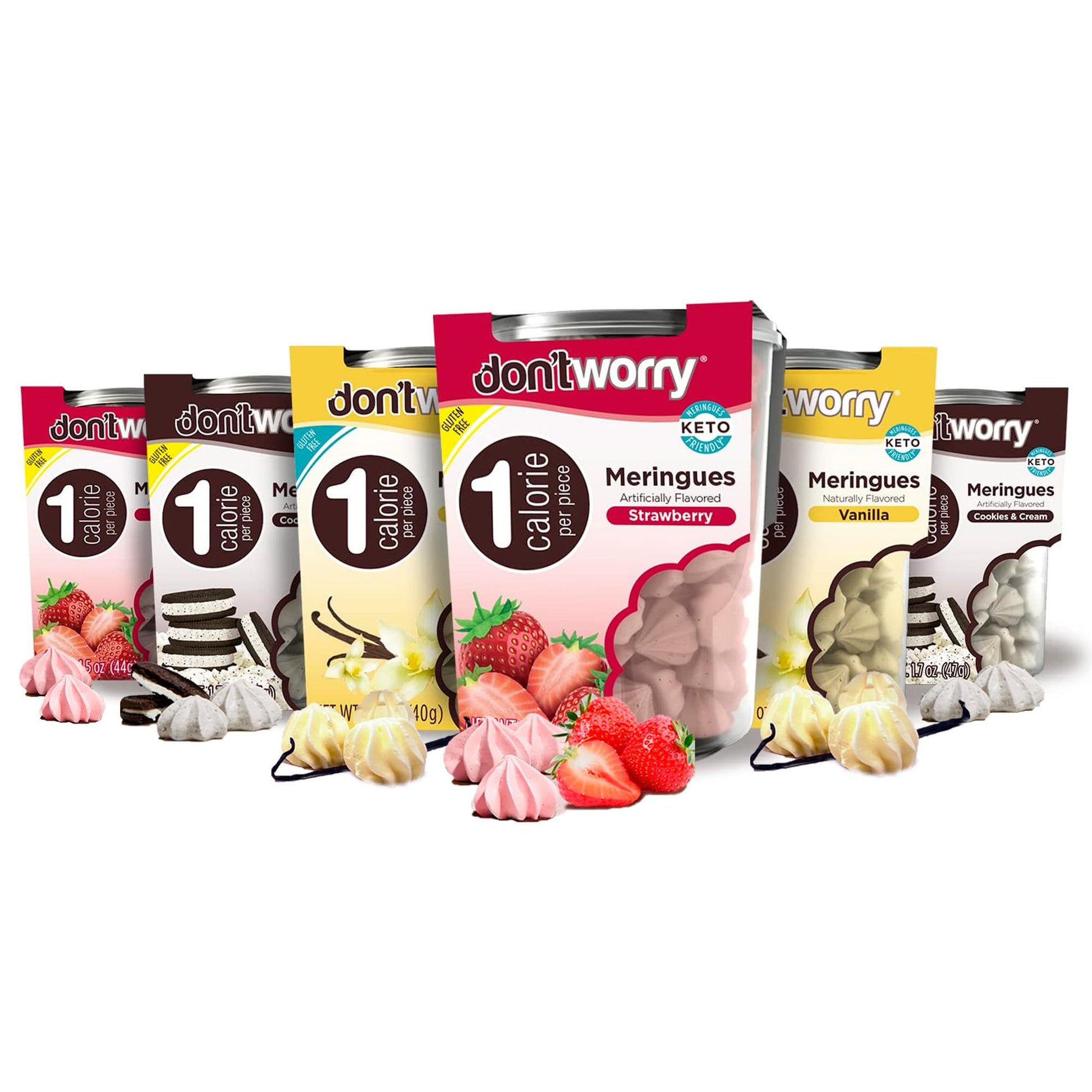 Don t Worry Low Calorie Meringue Cookies - 6 Pack - Strawberry, Vanilla and Cookies&Cream, Just 1 Calorie per Piece | Low Sugar