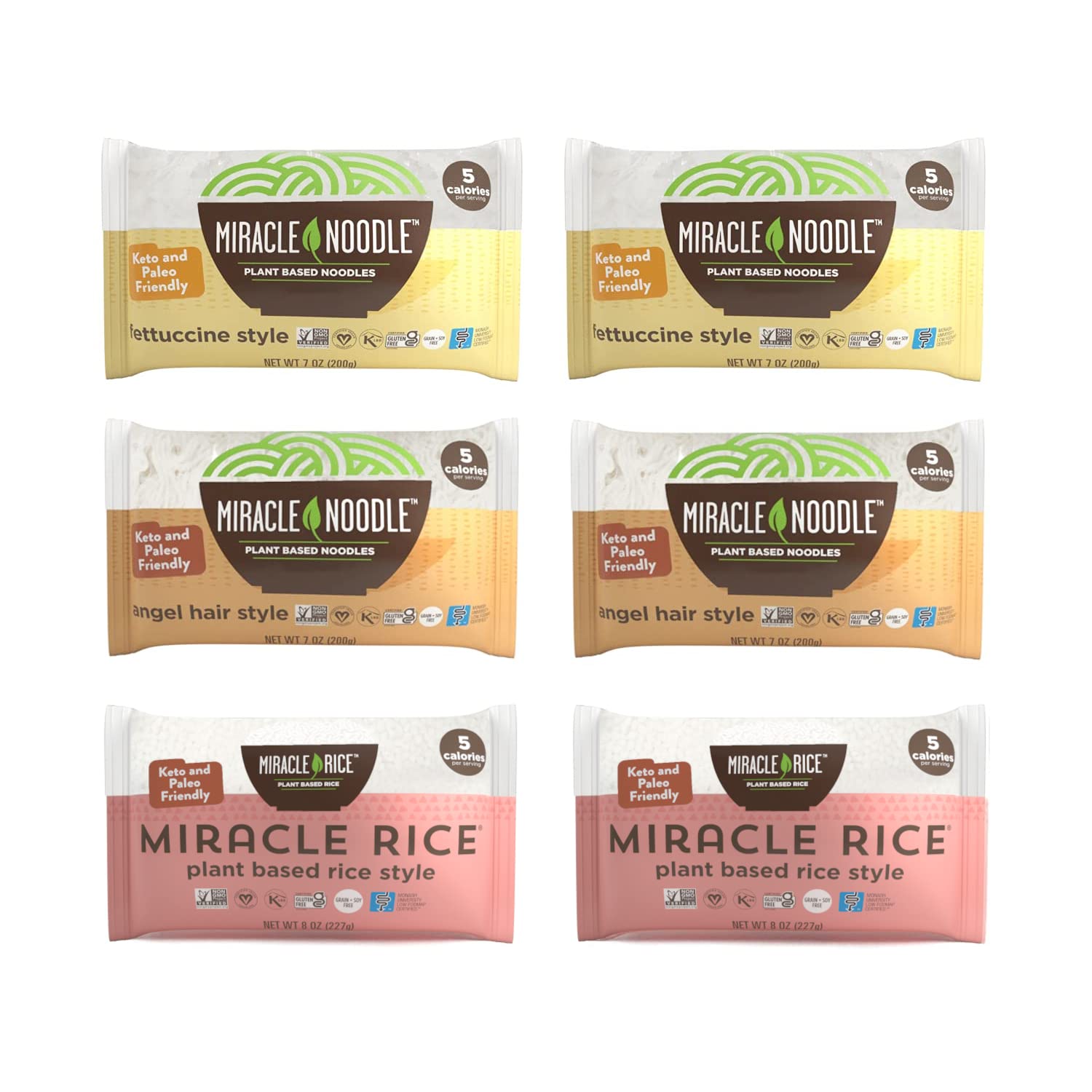 Miracle Noodle Variety Pack (Fettuccine, Angel Hair & Rice) - Shirataki Noodles, Shirataki Rice, Keto Pasta, Vegan, Gluten-Free, Low Carb, Paleo, Konjac Noodles/ Rice - 2 Bags Of Each, 6-Pack