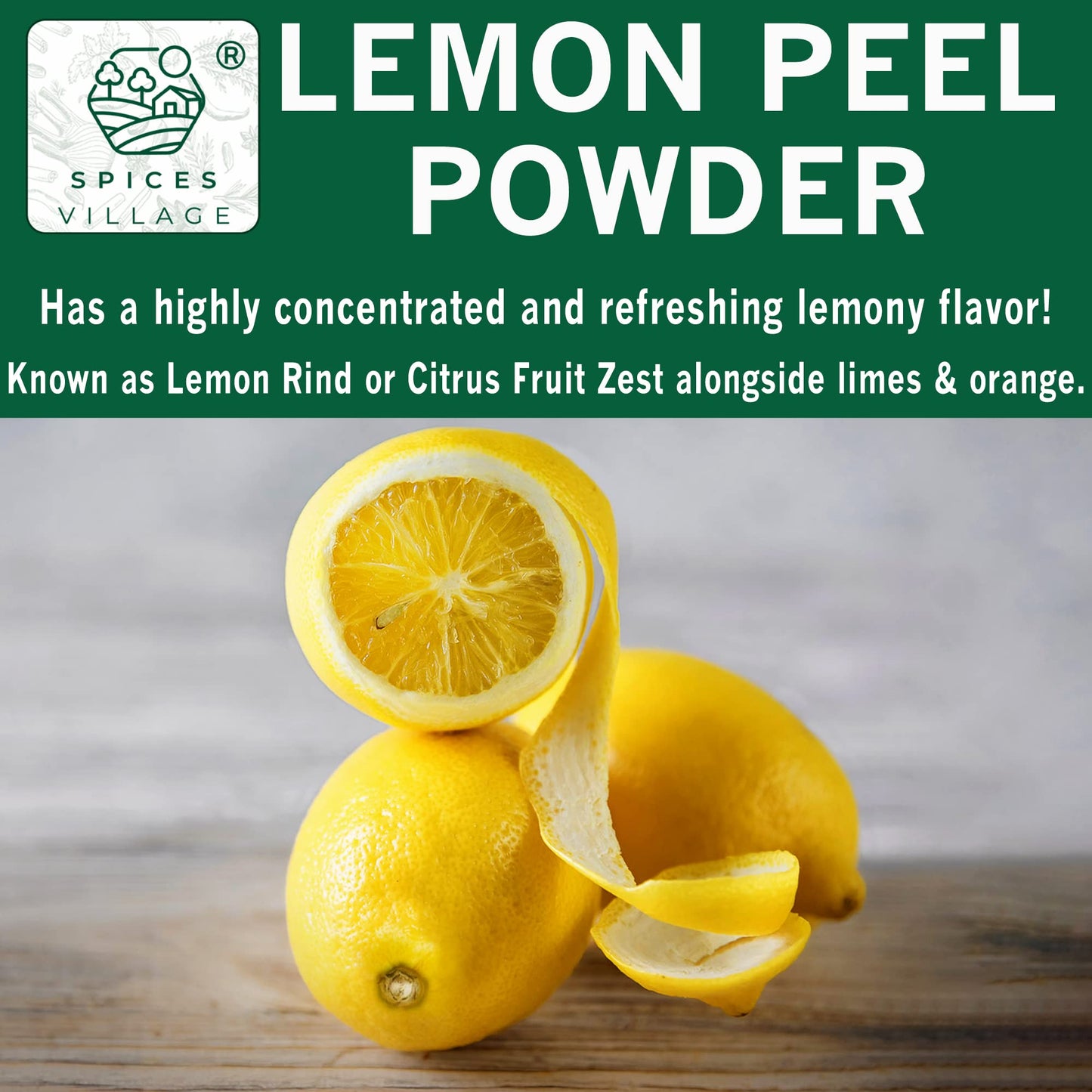 Spices Village Lemon Peel Powder - Natural Dried Citrus Zest, 4 Oz, Gluten Free, Non GMO, Vegan, Resealable Bag, Yellow