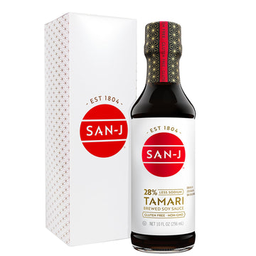 San-J - Gluten Free Tamari Soy Sauce with 28% Less Sodium - Specially Brewed - Made with 100% Soy - 10 oz. Bottle
