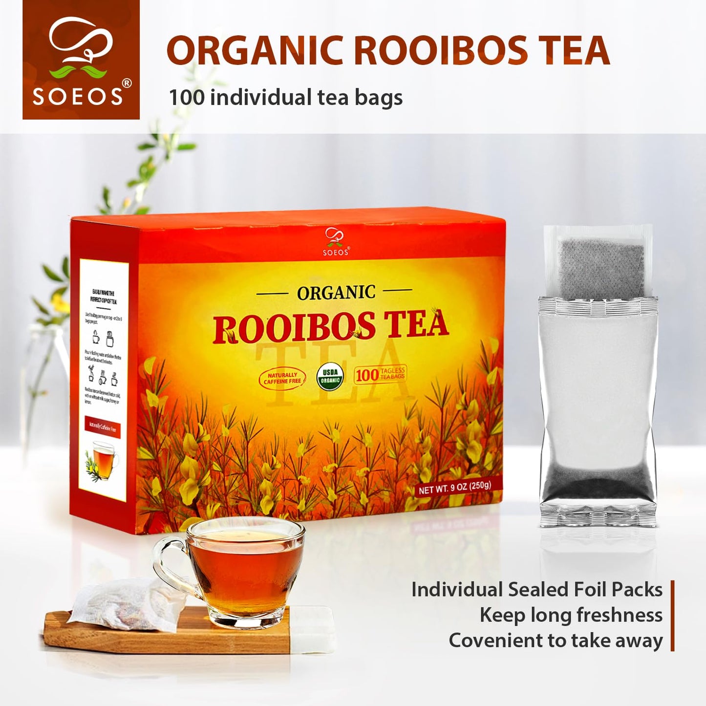 Soeos Organic Rooibos Tea  100 Teabags  Naturally Caffeine Free  USDA and Non GMO Certify  Smooth and Robust Flavor  Excellent for Hot or Iced Brew  9oz (250g)