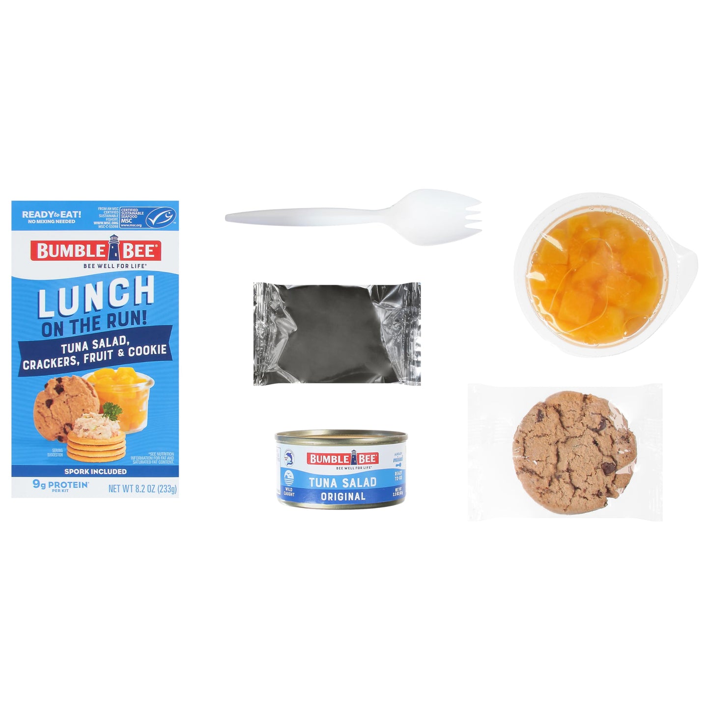 Bumble Bee Lunch On The Run Tuna Salad With Crackers Kit, 8.2 Oz (Pack Of 4) - Ready To Eat, Includes Crackers, Cookie & Peaches - Wild Caught Tuna - Shelf Stable & Convenient Source Of Protein