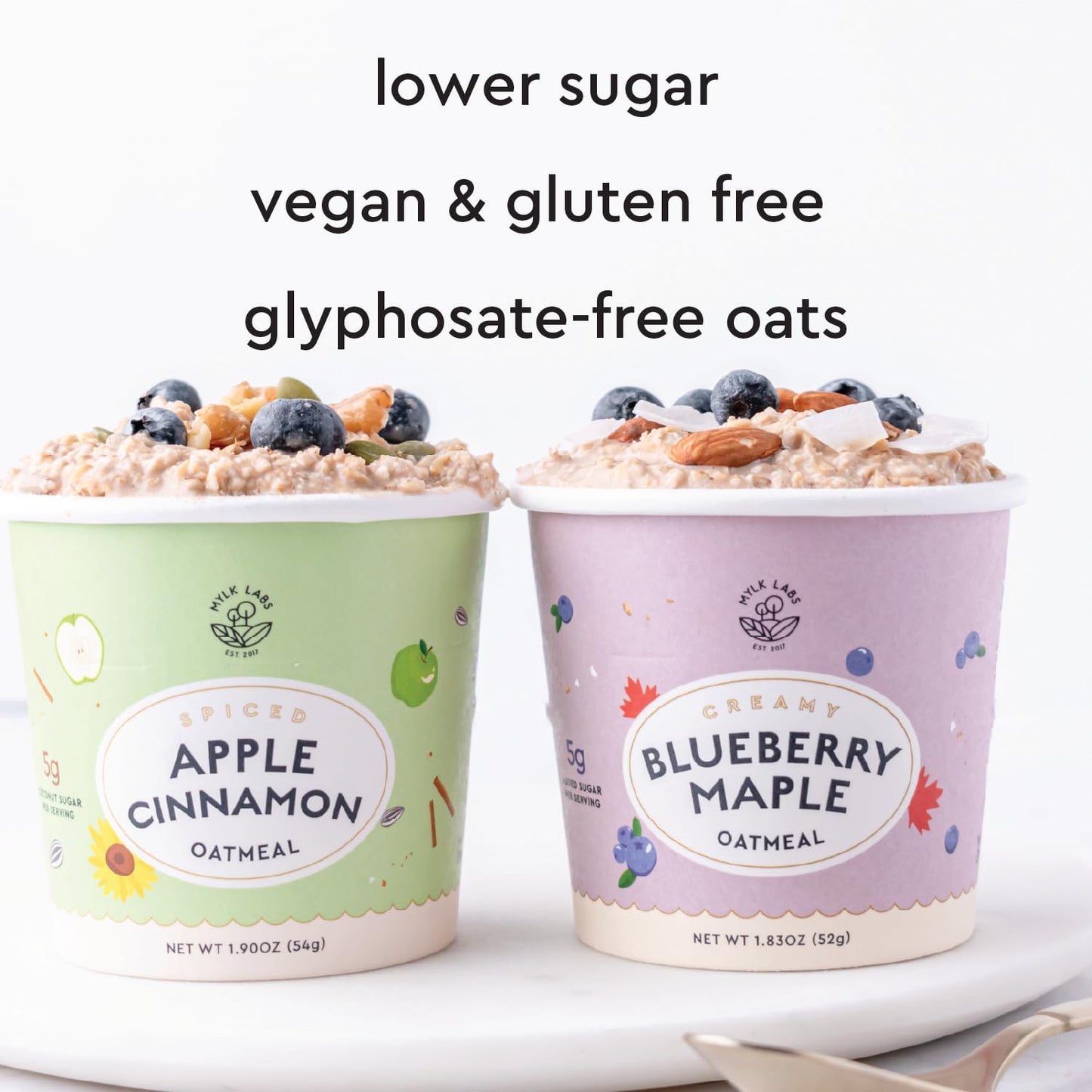 Mylk Labs Apple Cinnamon Gluten Free Oatmeal Cups - Low Sugar Breakfast, High Fiber Thin Rolled Oats, High Protein Instant Oatme
