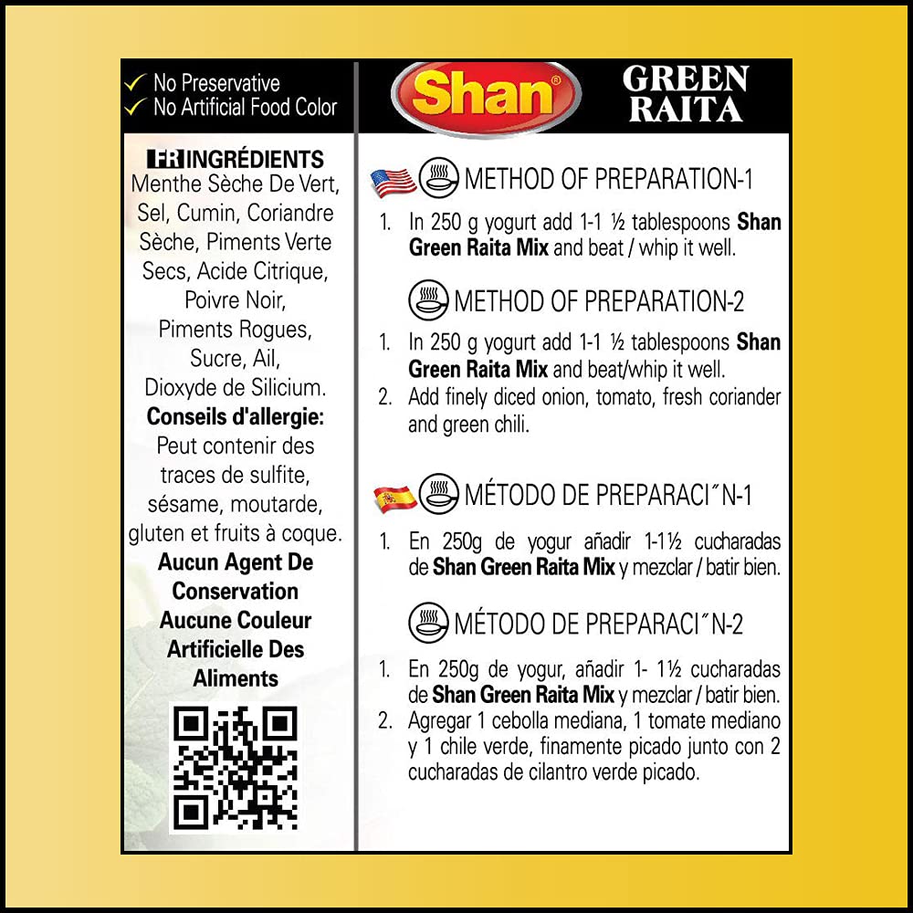 Shan Green Raita Seasoning Mix - Mint & Green Chili - 1.41 oz (Pack of 4) - Vegetarian Friendly - Airtight Bag in Box