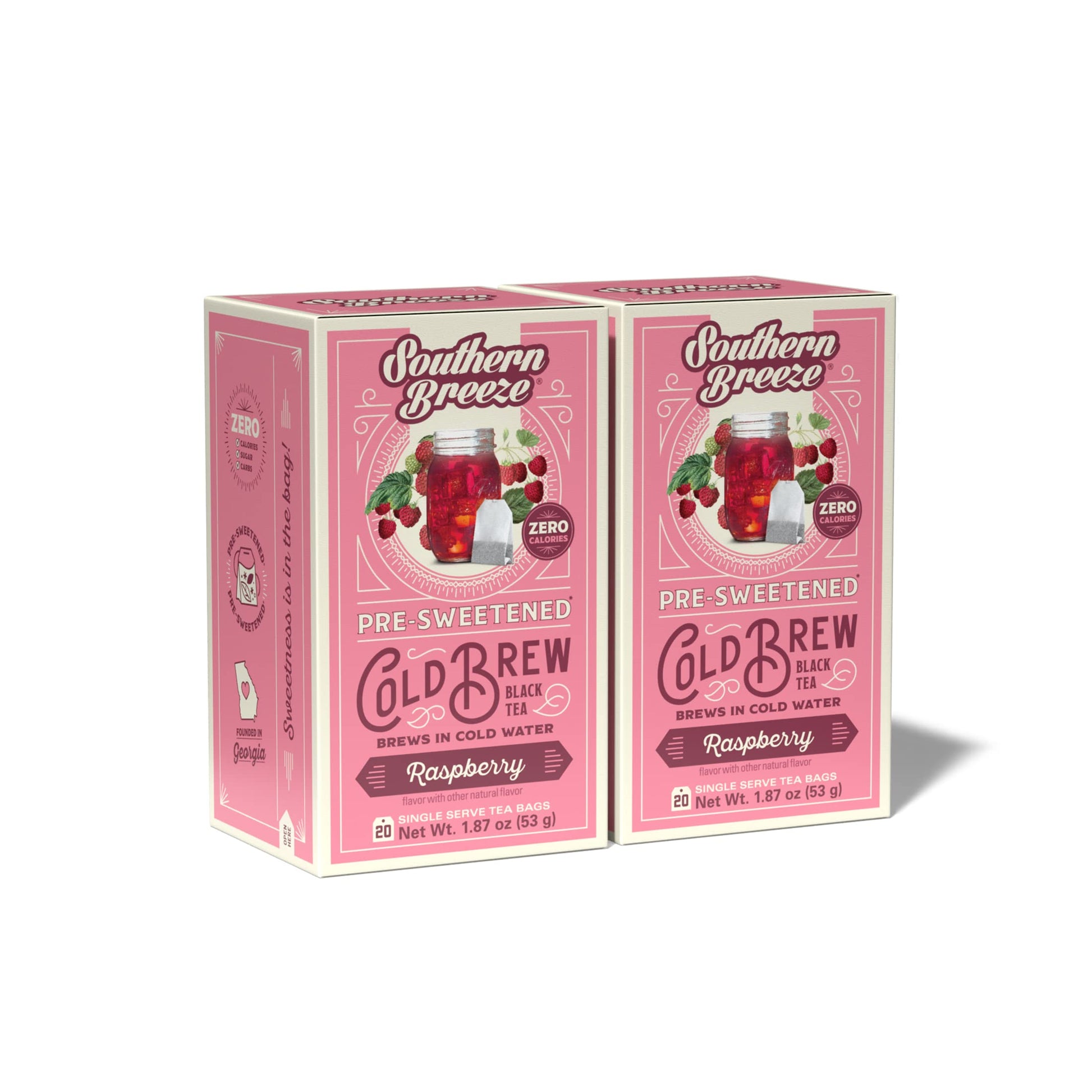 Southern Breeze Cold Brew Sweet Tea Raspberry Iced Tea, 20 Count (Pack of 2), Zero Carbs, Zero Sugar