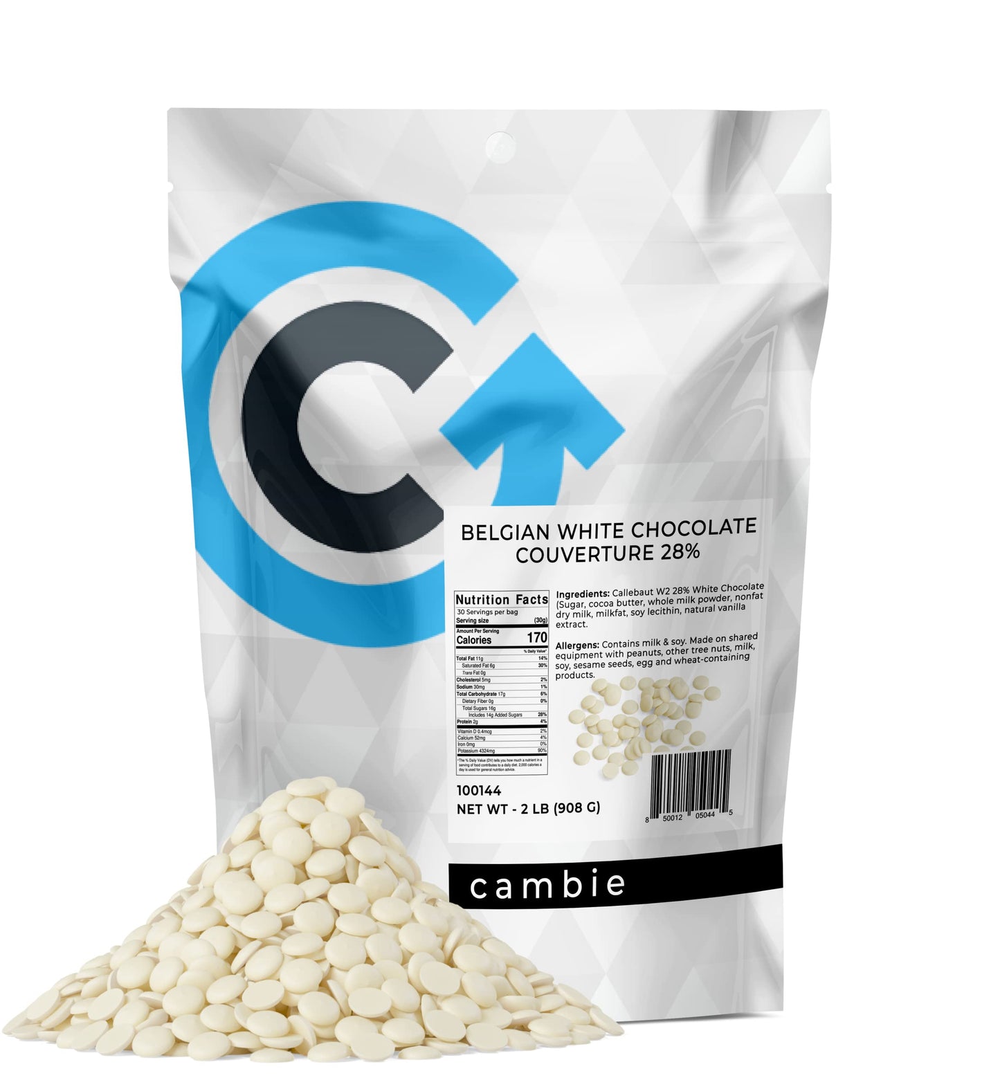 Cambie White Chocolate Couverture 28% - 2 Pounds of European Style White Chocolate Chips