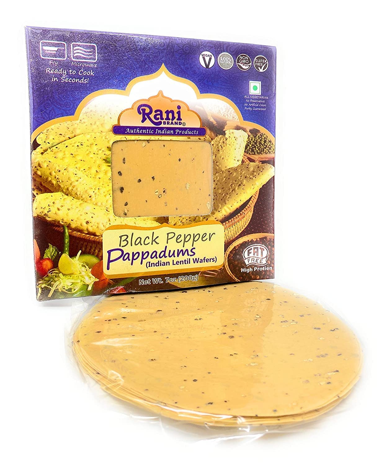 Rani Pappadums (Indian Lentil Wafer Snack) Black Pepper Papad 7Oz (200G) Approximately 15Pc, 7 Inches, Pack Of 12 ~ All Natural