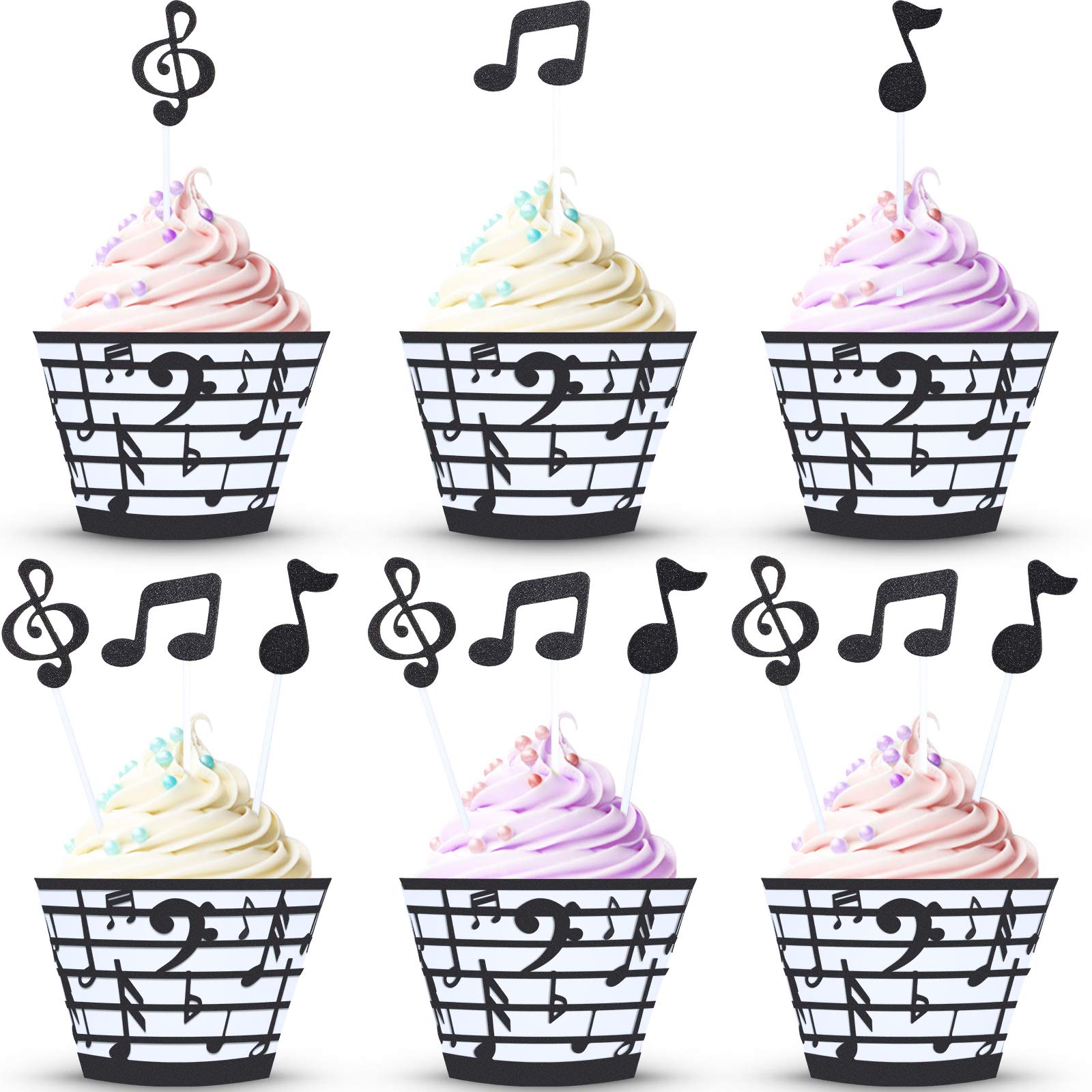 48 Pieces Music Note Cupcake Toppers and Wrappers Musical Symbol Lace Cupcake Liners Paper Baking Cup and Food Picks Toothpicks 