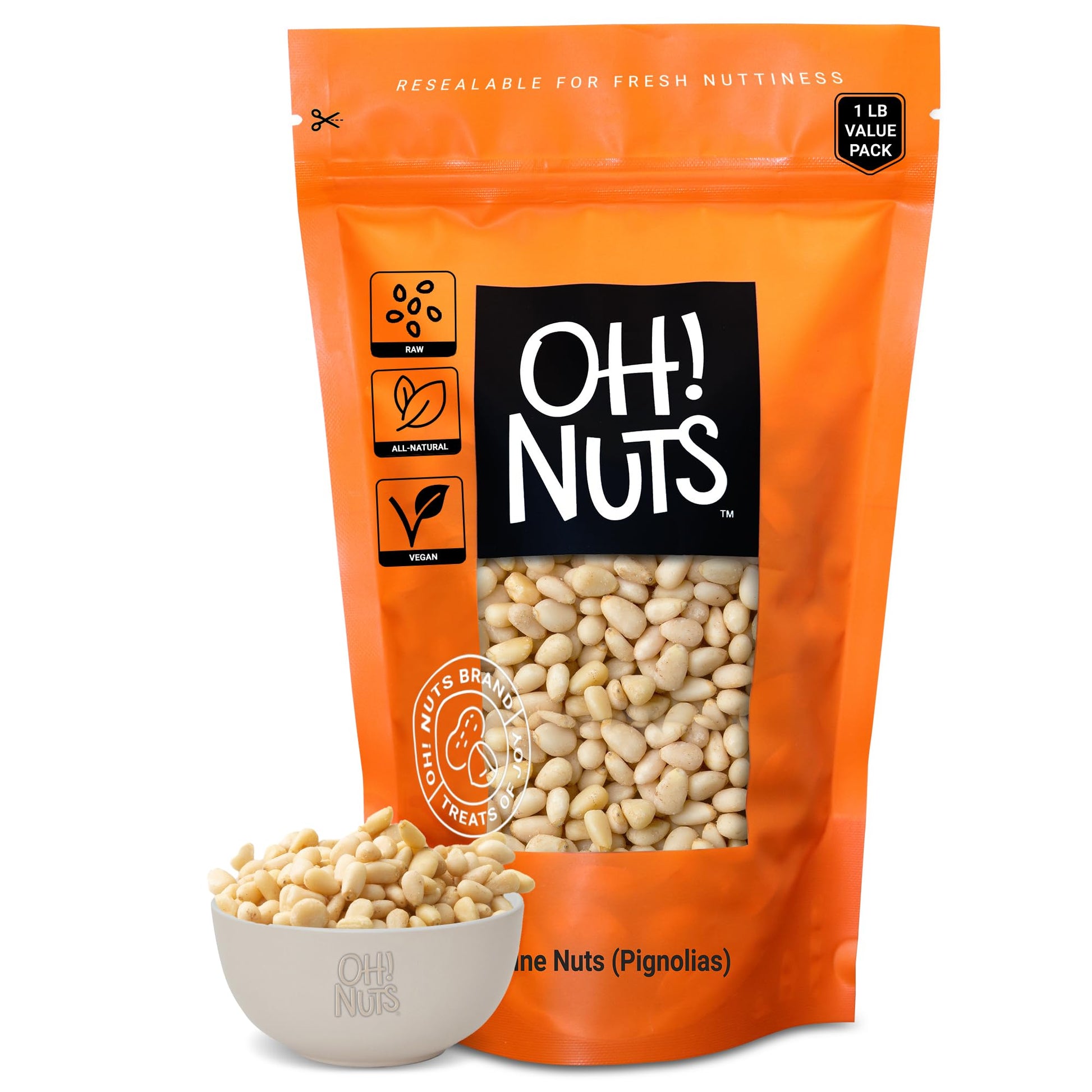 Oh! Nuts Pine Nuts (Pignolias) - Raw - 100% Natural Pine Nuts - 1 Lb Bulk Bag - Top-Grade Pignoli Packed With Protein