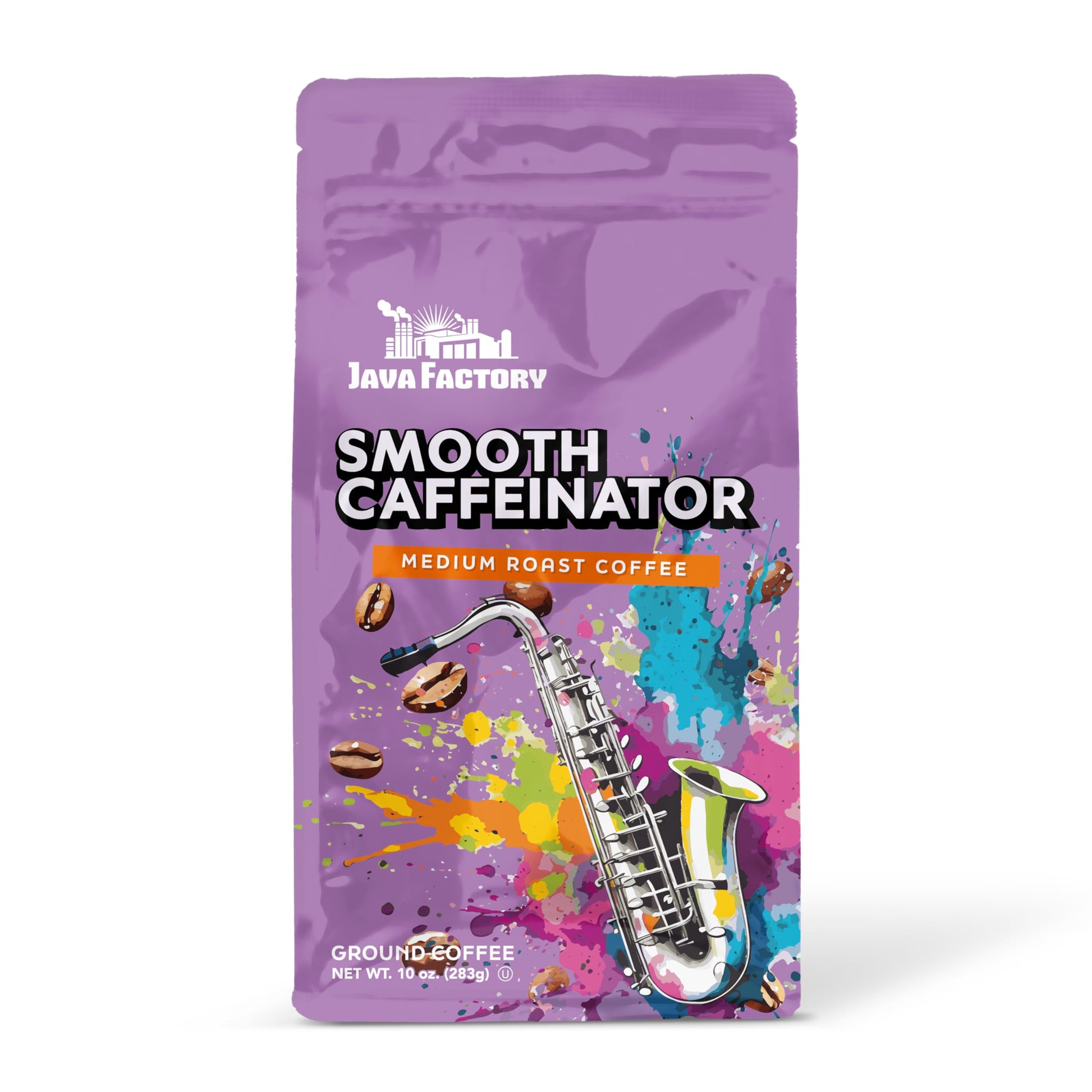 Java Factory Smooth Caffeinator Flavored Ground Coffee Bag - Medium Roast Brew, Made with 100% Arabica Beans, 10 Oz