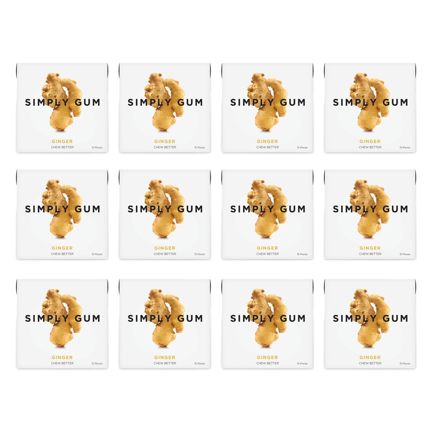 Simply Gum | Ginger | Pack of Twelve (180 Pieces Total) | Synthetic Free + Aspartame Free + non GMO