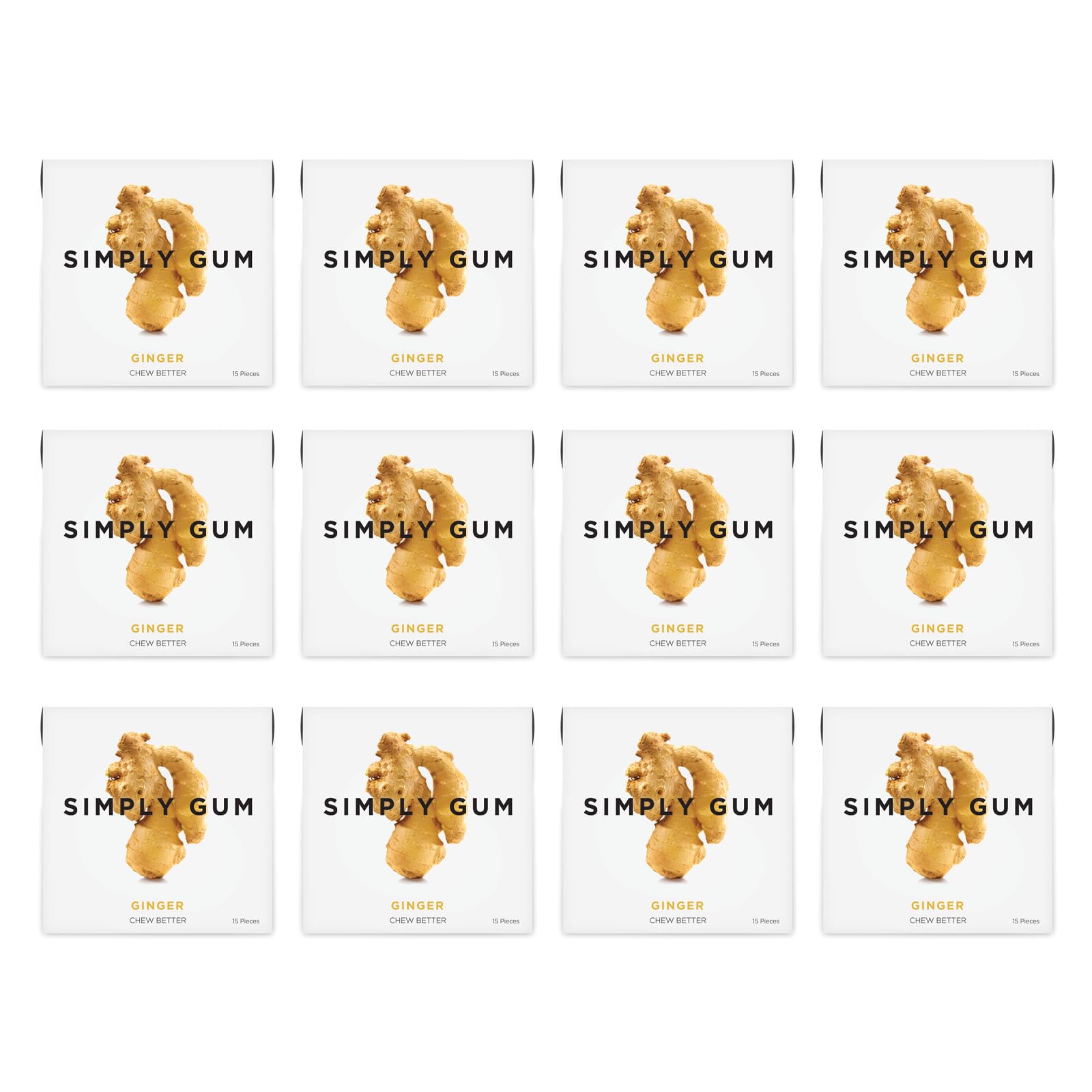 Simply Gum | Ginger | Pack of Twelve (180 Pieces Total) | Synthetic Free + Aspartame Free + non GMO
