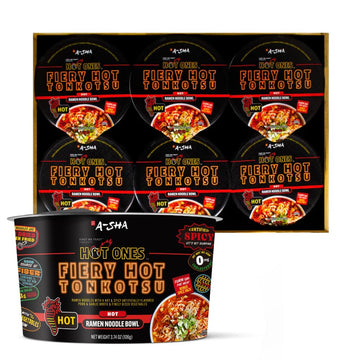 A-Sha X Hot Ones Spicy Ramen Noodle Soup Bowl  6 Pack  Fiery Hot Tonkotsu Flavor  Top-Grade Microwaveable Ramen Soup Mix  12G Plant-Based Protein