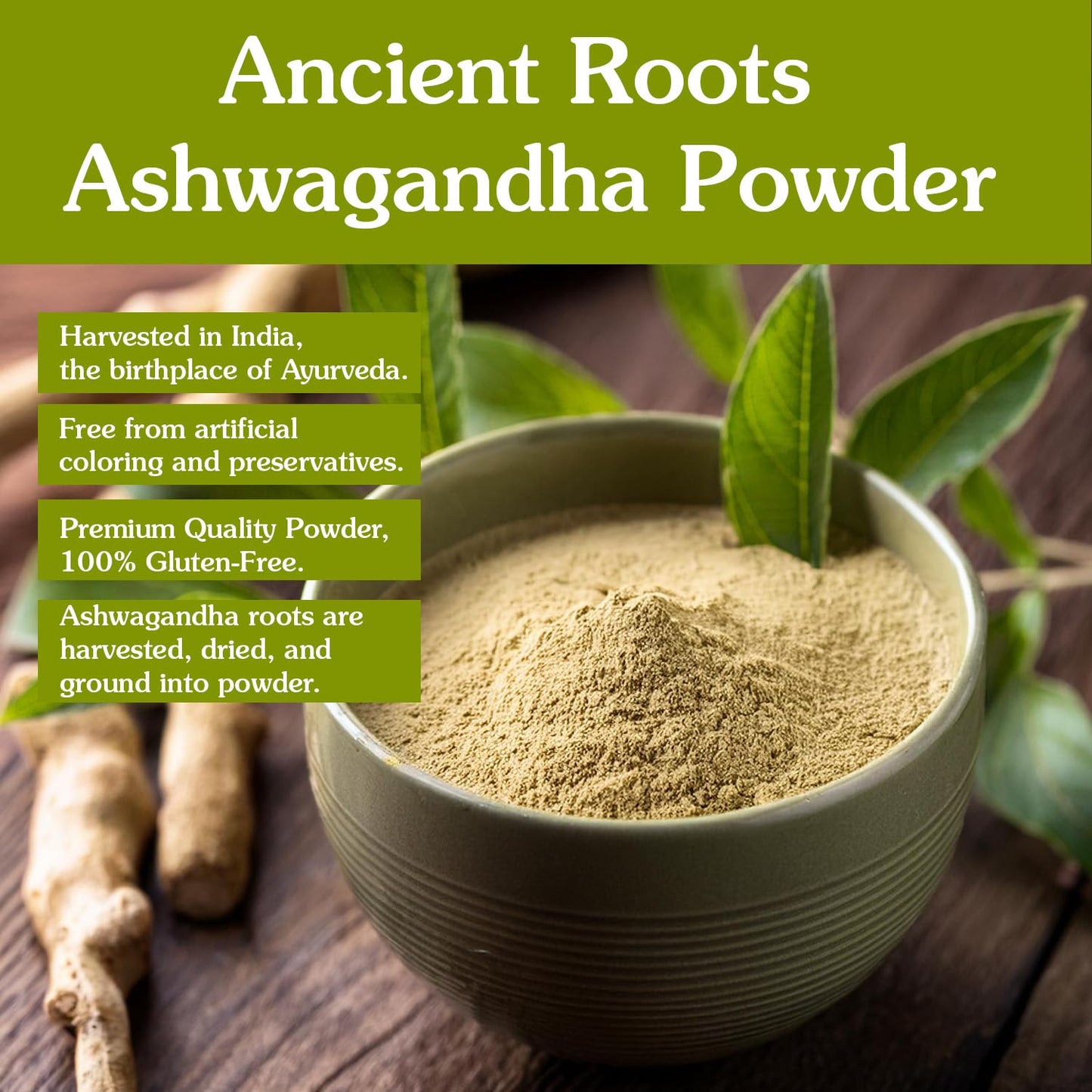 Ancient Roots Ashwagandha Powder 100% Pure & Natural, Non-GMO, Gluten-Free, 10.5 oz Resealable Bag