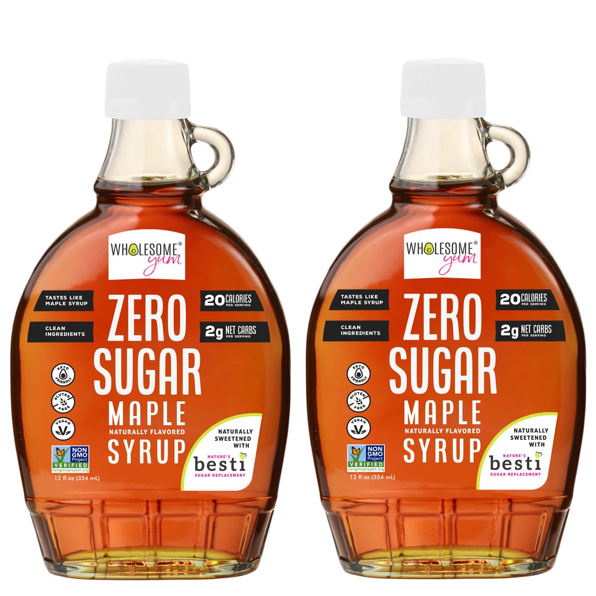 Wholesome Yum Zero Sugar Maple Syrup (Keto Maple Syrup) With Monk Fruit & Allulose - Natural Sugar Free Pancake Syrup - Non GMO  Low Carb  Gluten Free  Vegan  No Aftertaste (12 fl oz  2 Pack)