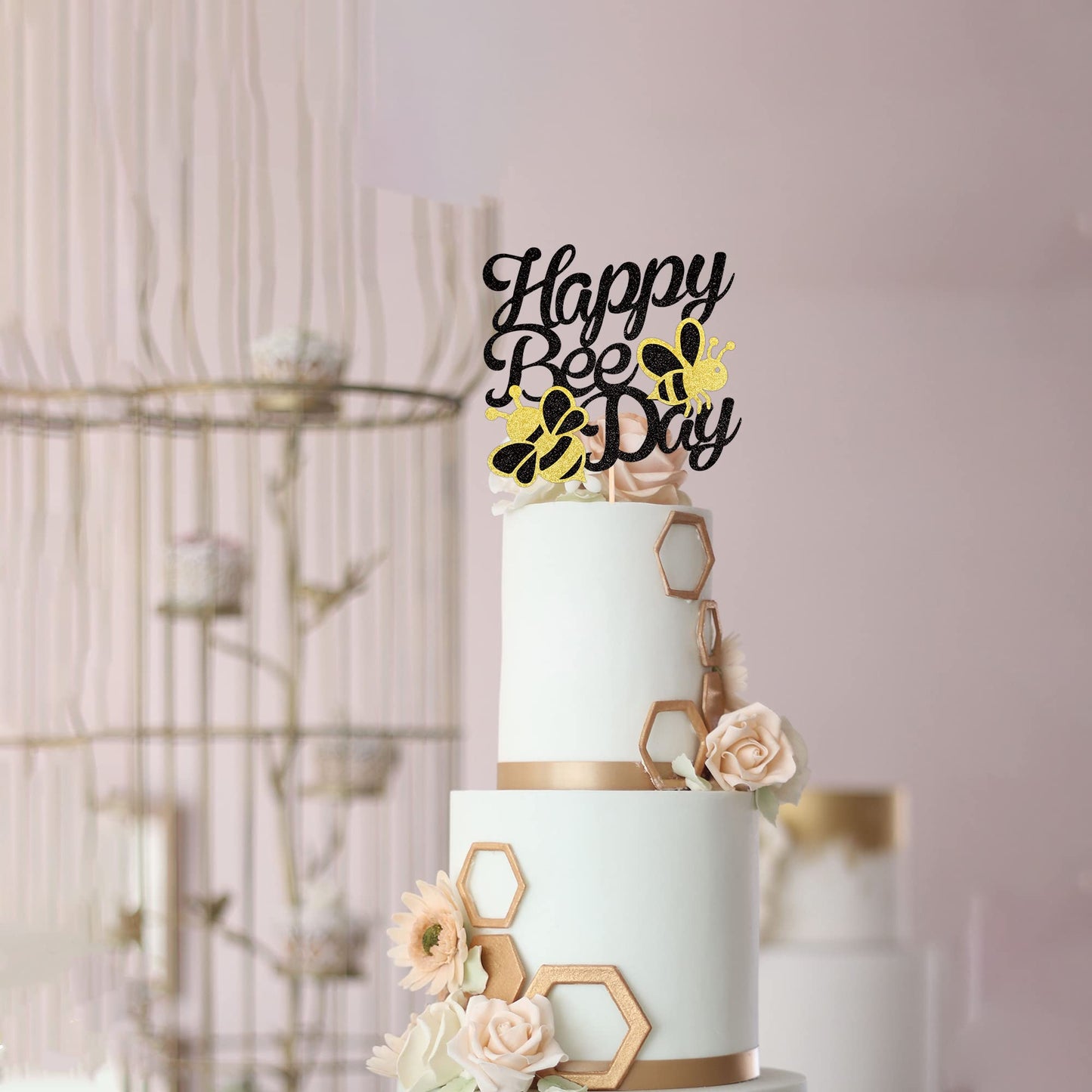 ZHUOWEISM Happy Bee Day Cake Topper - Black Glitter Bumble Bee Theme - Small Size - Card Stock and Bamboo