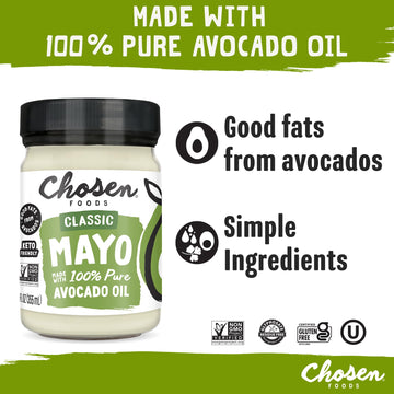 Chosen Foods 100% Avocado Oil-Based Classic Mayonnaise, Gluten & Dairy Free, Low-Carb, Keto & Paleo Diet Friendly, Mayo for Sand