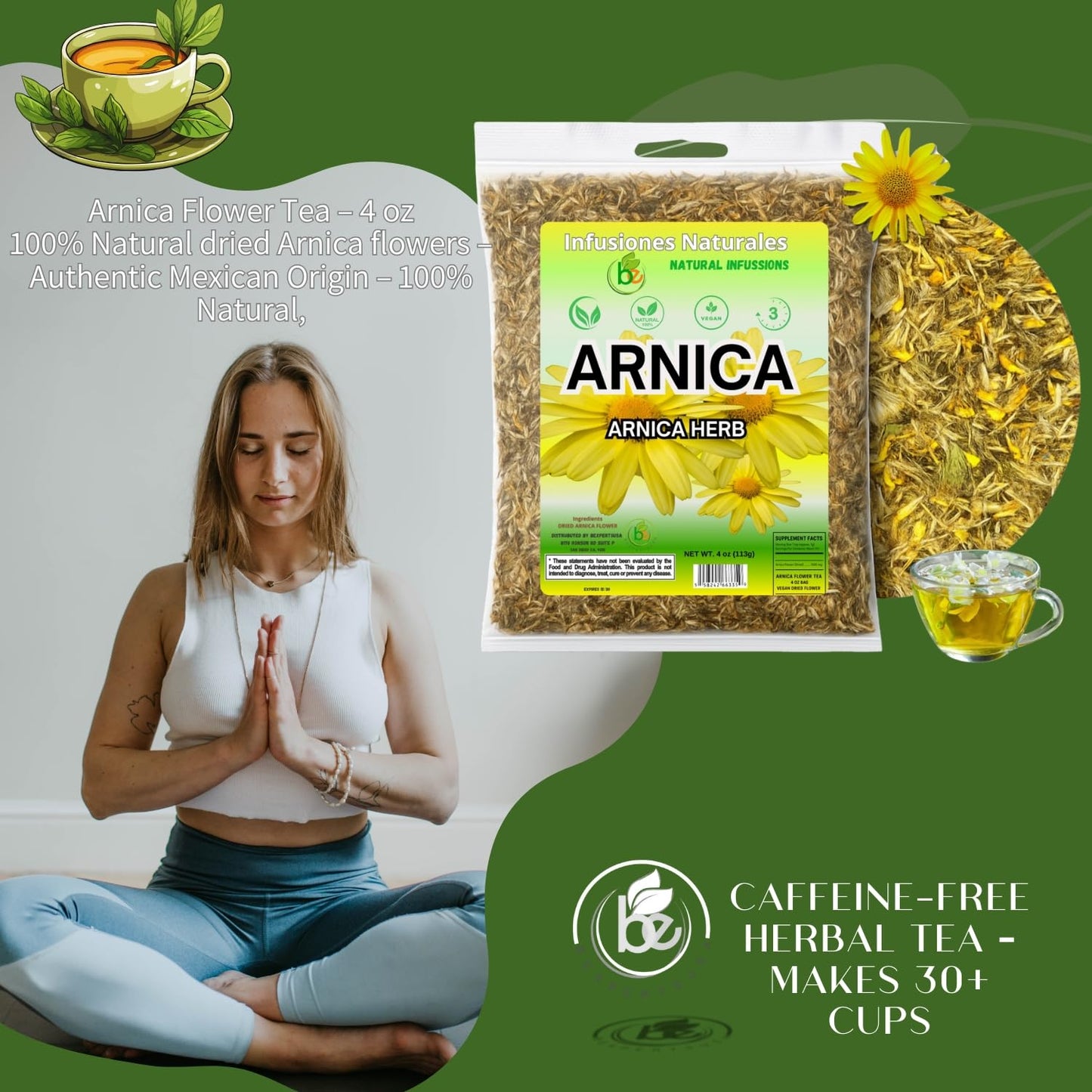 BEXPERTSUSA Arnica Flor Herbal Tea Loose Leaf 4 oz - Caffeine-Free, Non-GMO, Vegan, Wildcrafted from Mexico with Stainless Steel Infuser